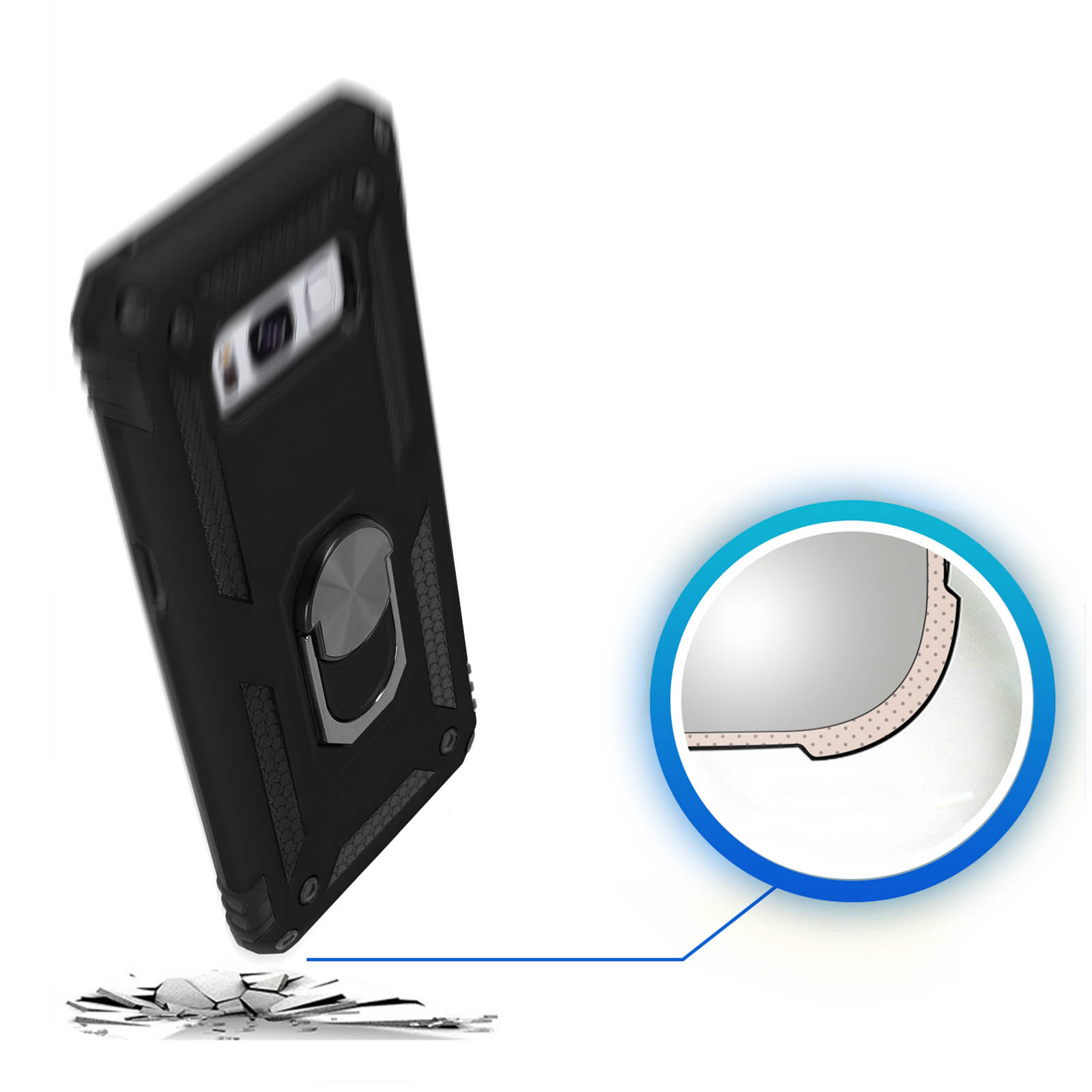 Custodia per telefono nera con supporto ad anello e superficie rotta, con dettaglio di protezione circolare.