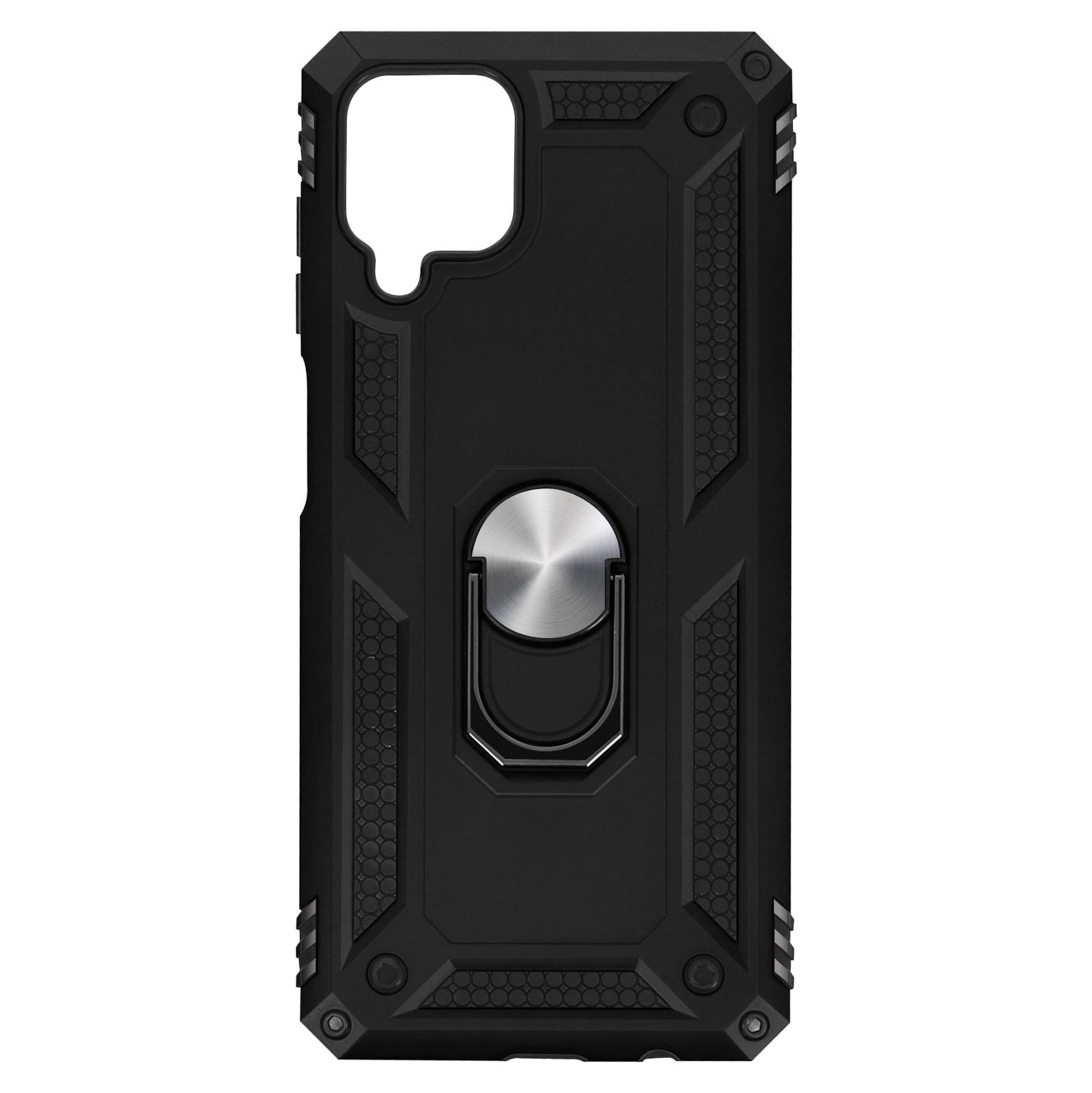 Zwarte telefoonhoes met zilveren ring in het midden. Zeshoekig patroonontwerp.