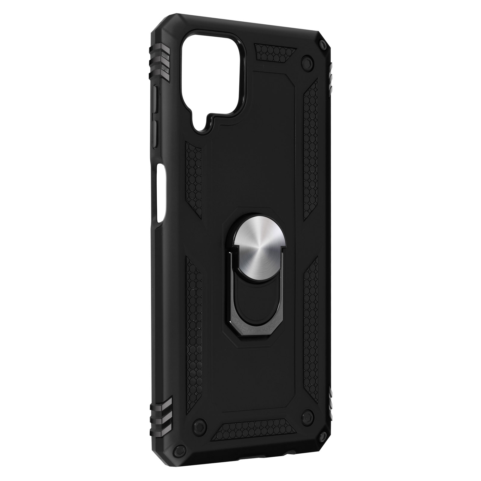 Zwarte telefoonhoes met een ringstandaard. De hoes heeft een robuust ontwerp.