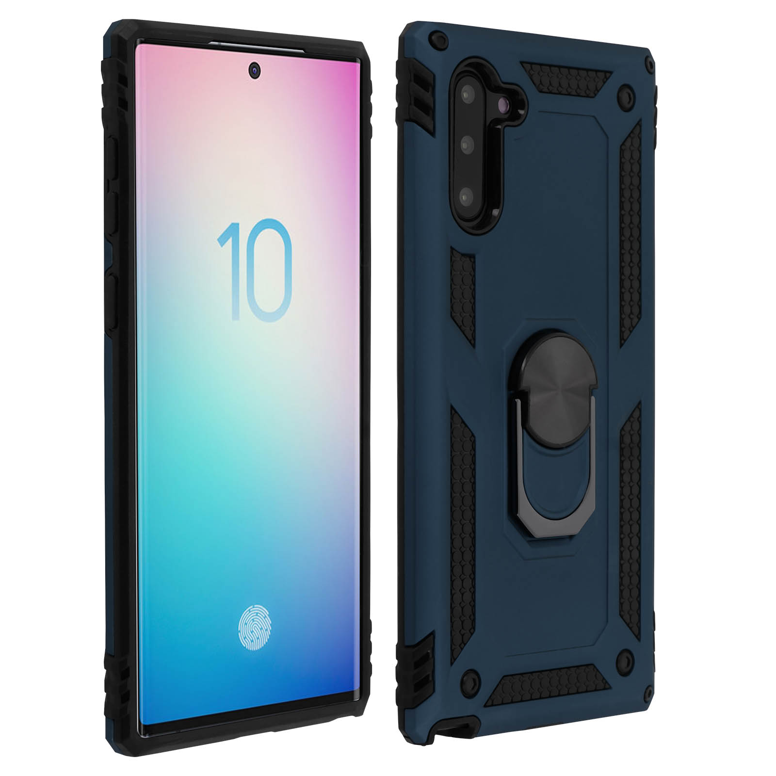 Due telefoni, uno con lo schermo acceso, in una custodia blu navy e nera. La custodia ha un porta anelli.