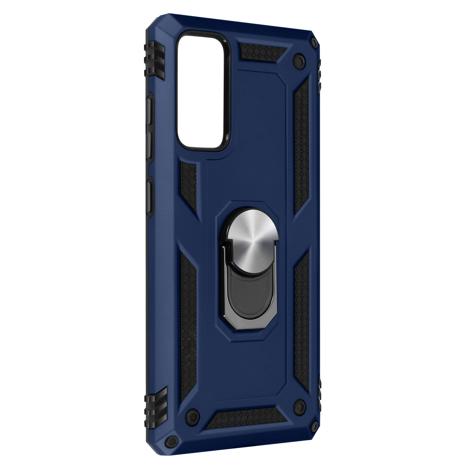 Blauwe en zwarte telefoonhoes met een zilveren ringhouder.
