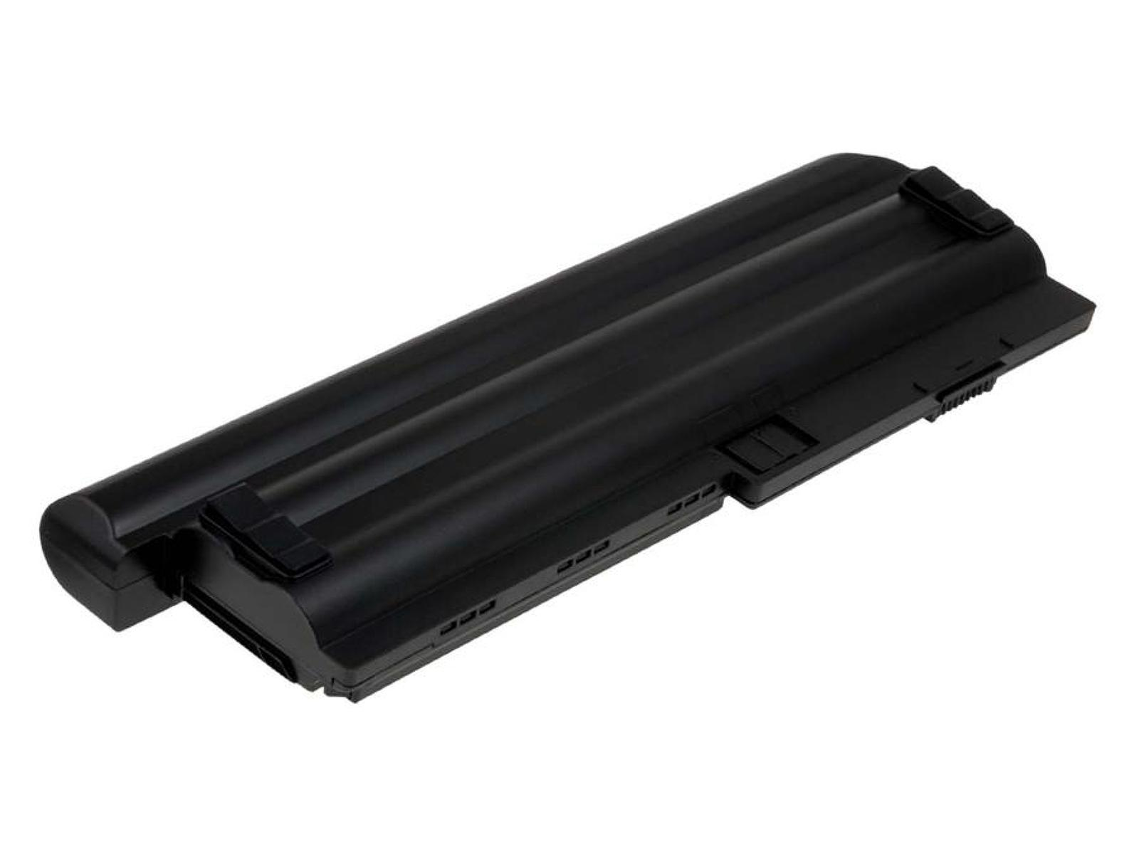 Ein schwarzer Laptop-Akku. Der Akku ist rechteckig und hat zwei erhöhte Abschnitte.