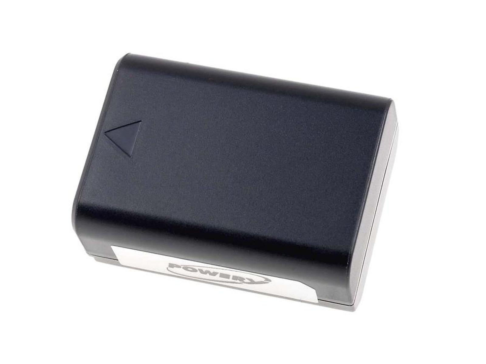 Schwarze Batterie mit weißem Text und weißem Pfeil, isoliert auf Weiß.