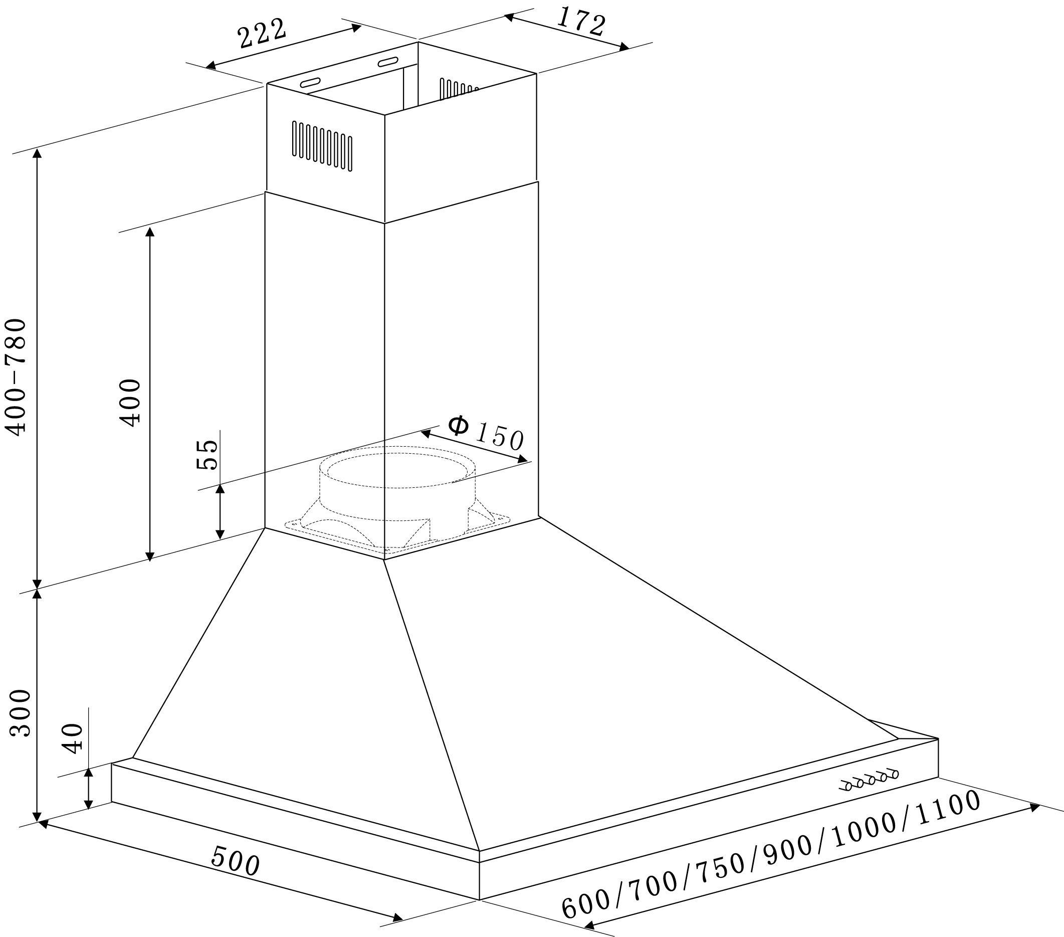 Line drawing of a range hood with measurements and dimensions.