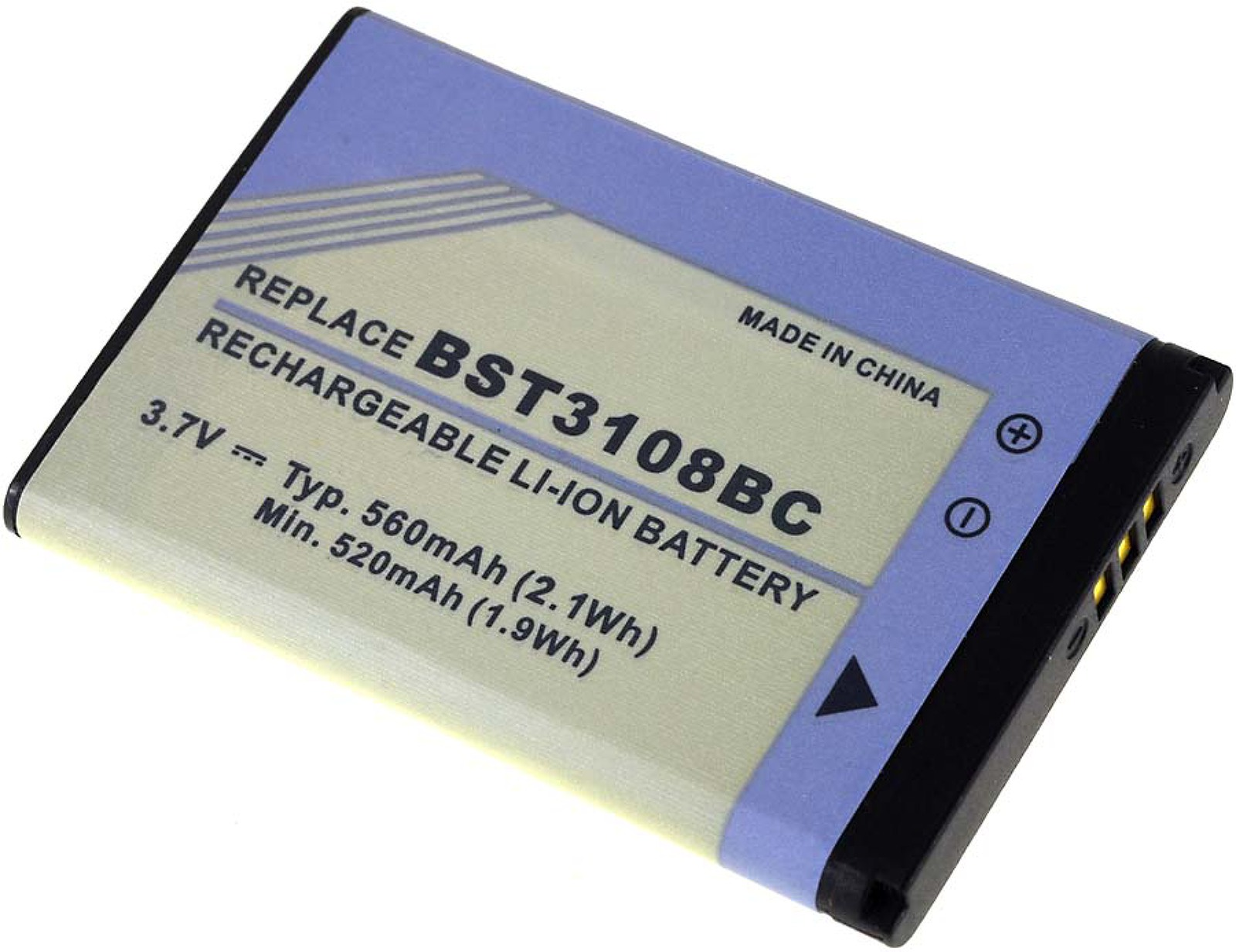Batería rectangular con texto, azul y blanco. 'BST3108BC' visible.