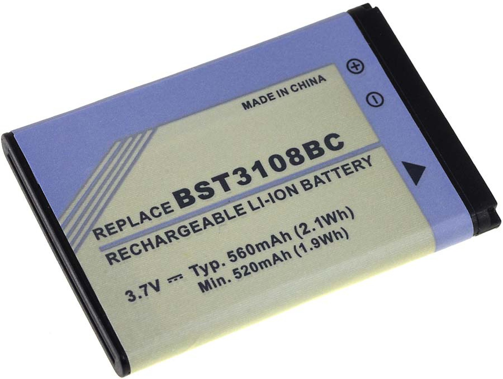 Una batería azul claro y blanca con la etiqueta 'BST3108BC' y 'RECHARGEABLE LI-ION'.