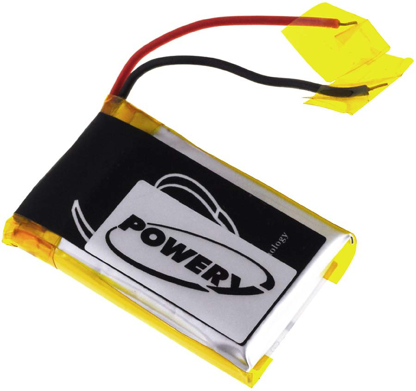 Una batería rectangular con una etiqueta blanca y la palabra 'POWER'. Los cables sobresalen de la parte superior.
