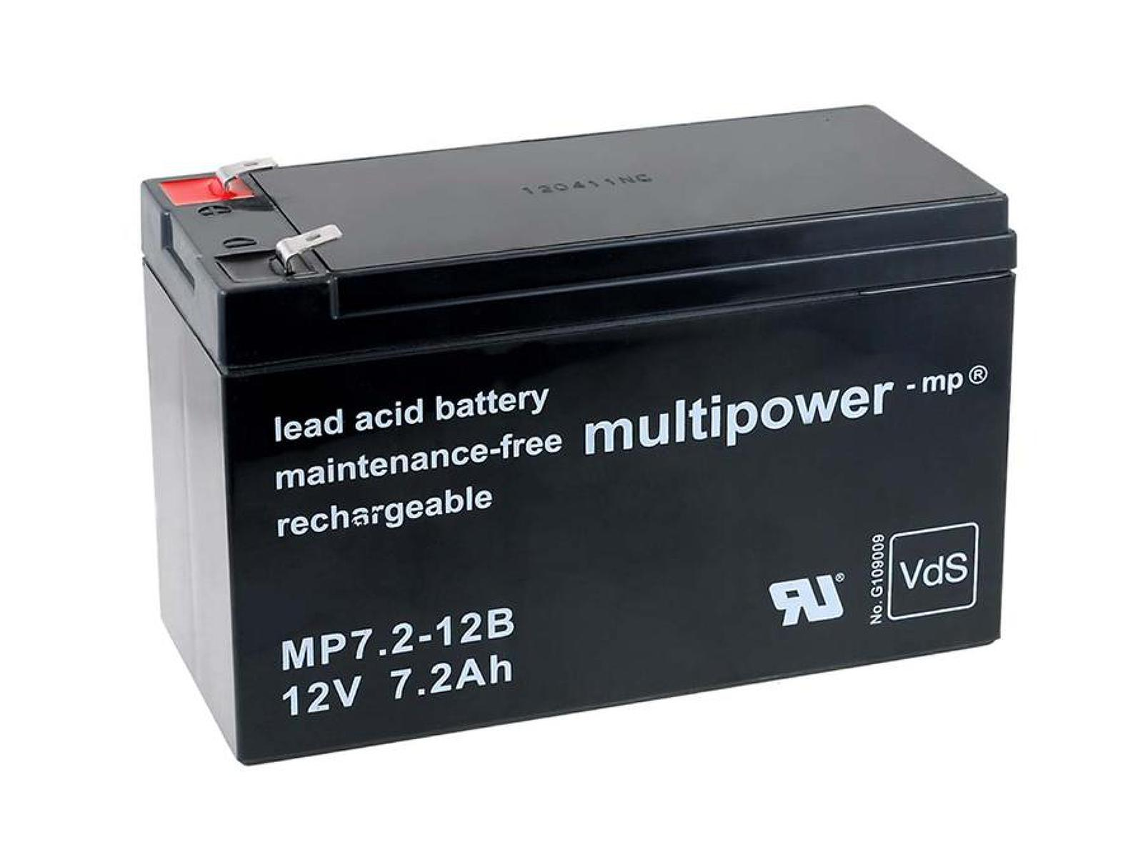 Schwarze rechteckige Batterie mit Text 'lead acid battery' und 'multipower'.