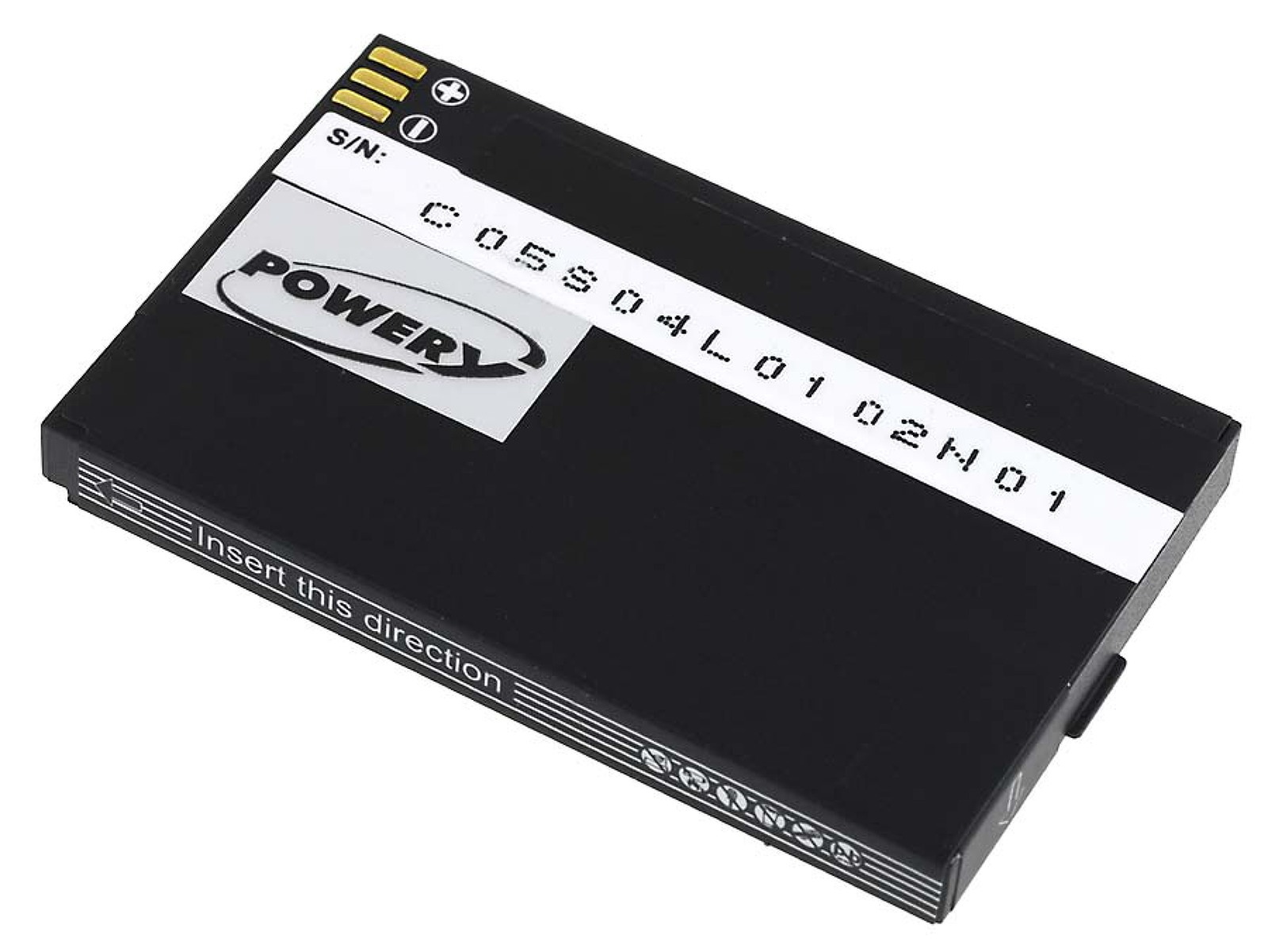 Batería rectangular negra con la etiqueta 'POWERY' y un número de serie. El texto dice 'Insertar en esta dirección'.