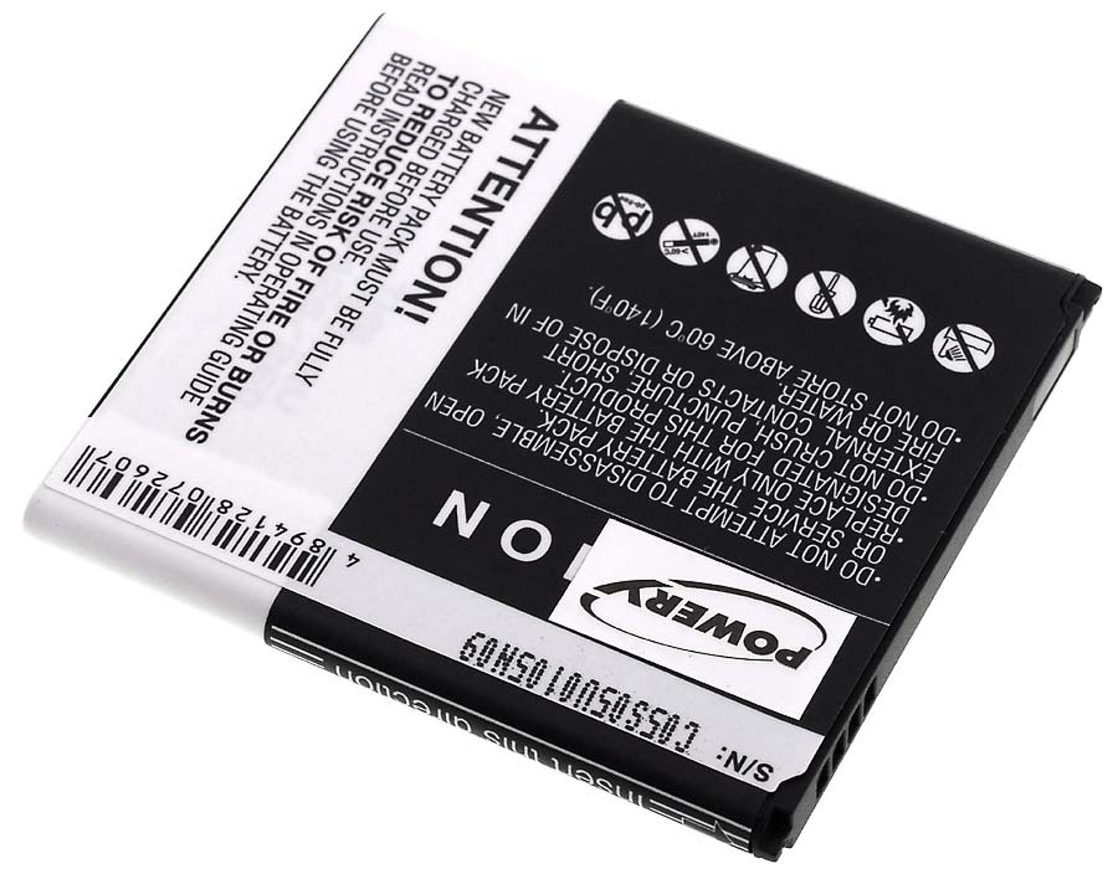 Batería de teléfono, blanco y negro. Texto: '¡ATENCIÓN!'. Etiquetas de advertencia. Fondo blanco. Logotipo de Power.