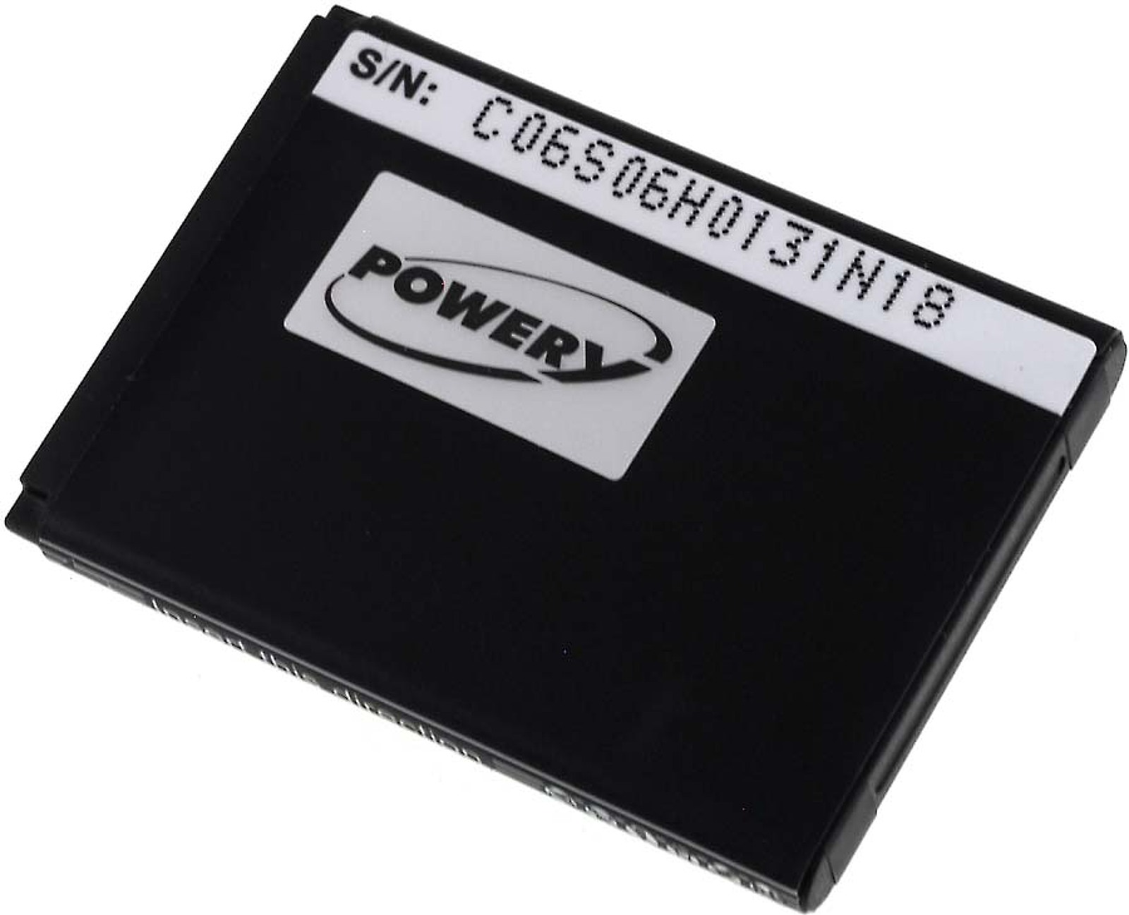 Batería rectangular negra con etiqueta blanca y texto negro.