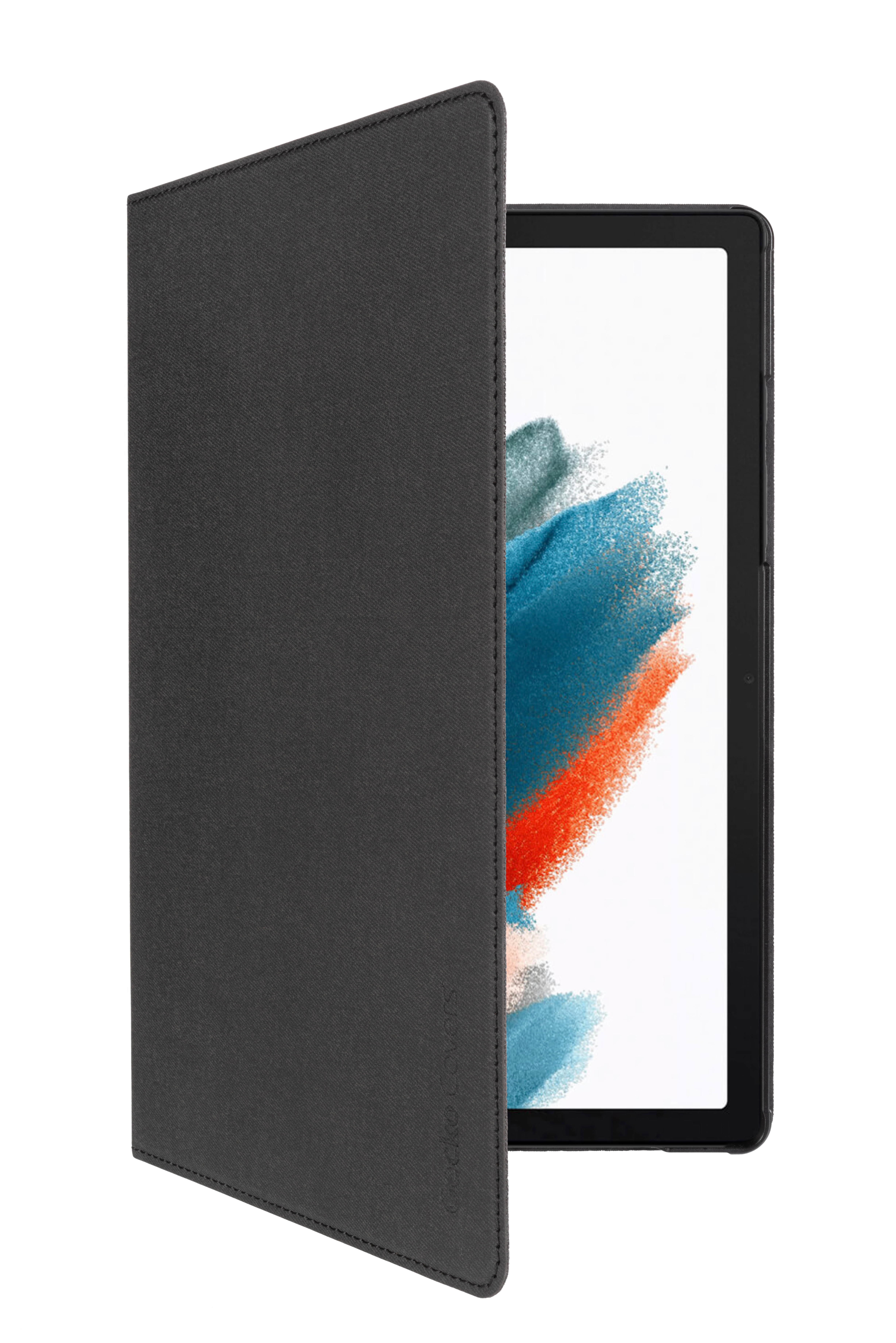 Tablet nero con una cover grigia. La cover è aperta, rivelando lo schermo.