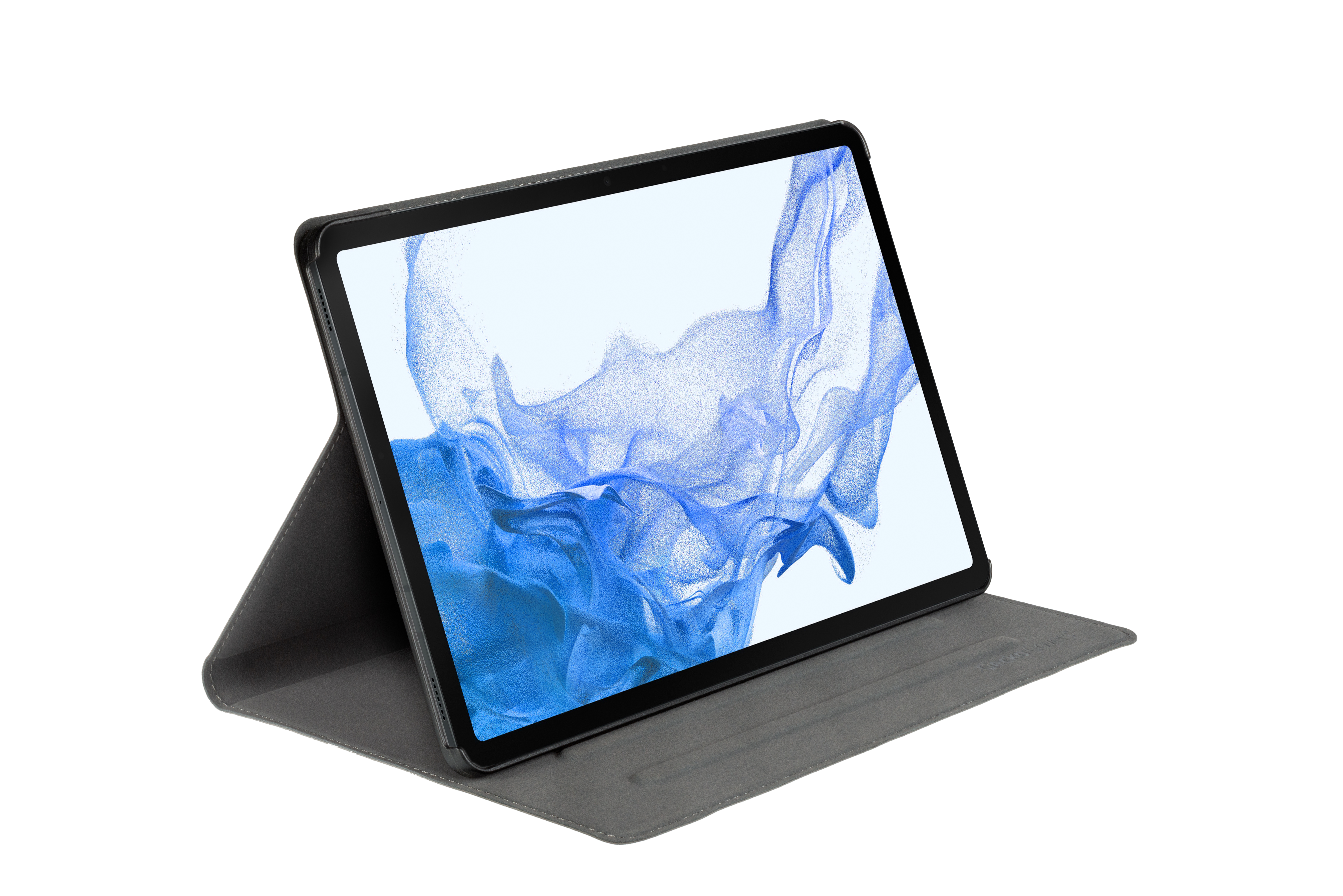 Ein Tablet in einem Gehäuse ist nach oben angewinkelt und zeigt ein blau-weißes abstraktes Bild. Das Gehäuse ist dunkelgrau.