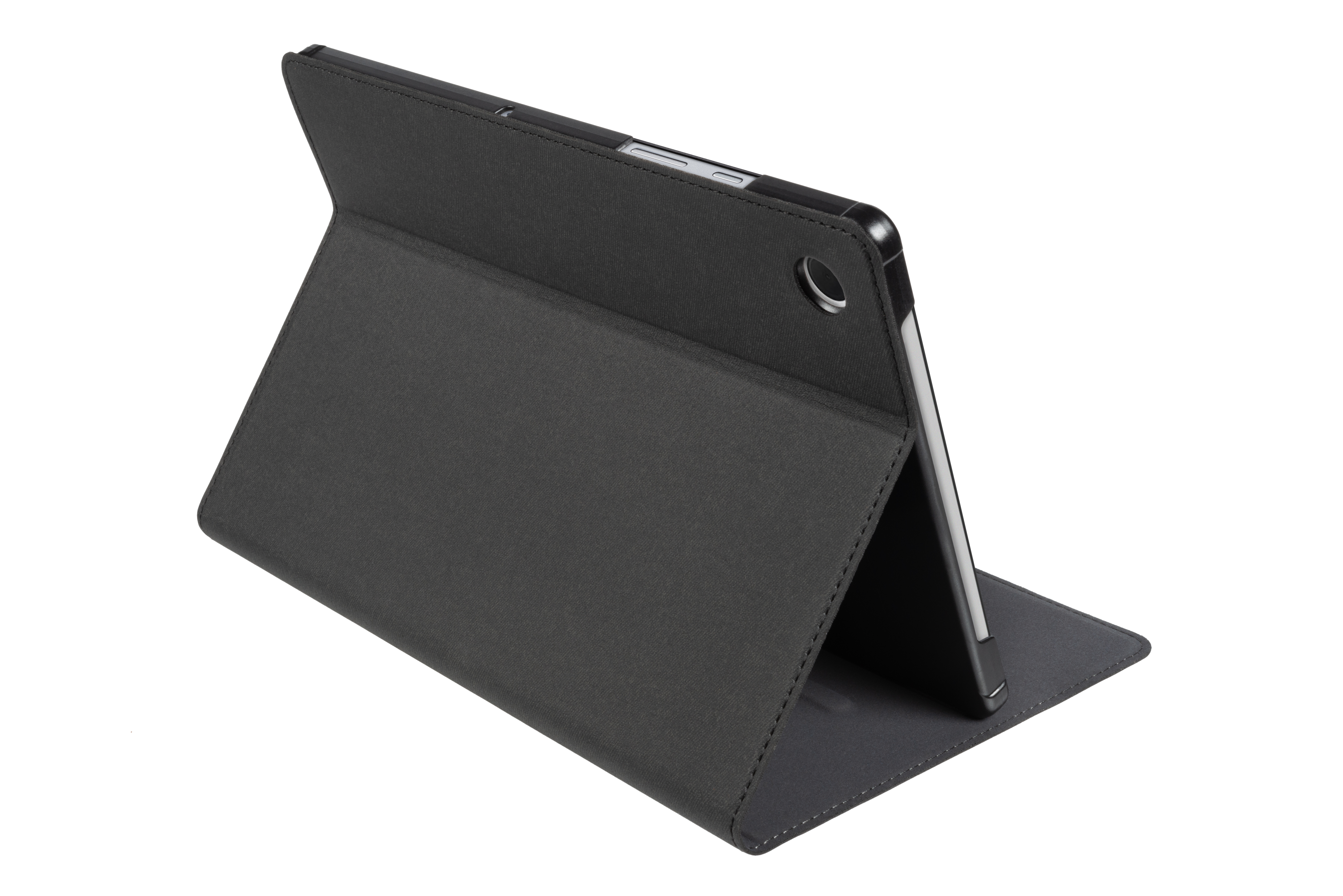 Un tablet nero in una custodia nera che è aperta ad angolo.