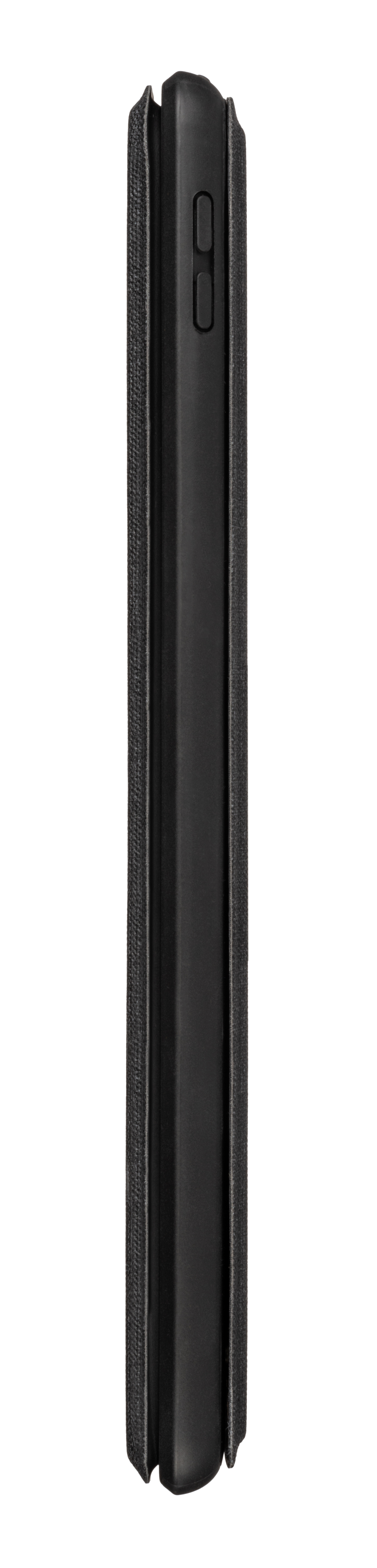 Eine schwarze Handyhülle, die Seite zeigend. Das Telefon ist darin. Knöpfe sind sichtbar.