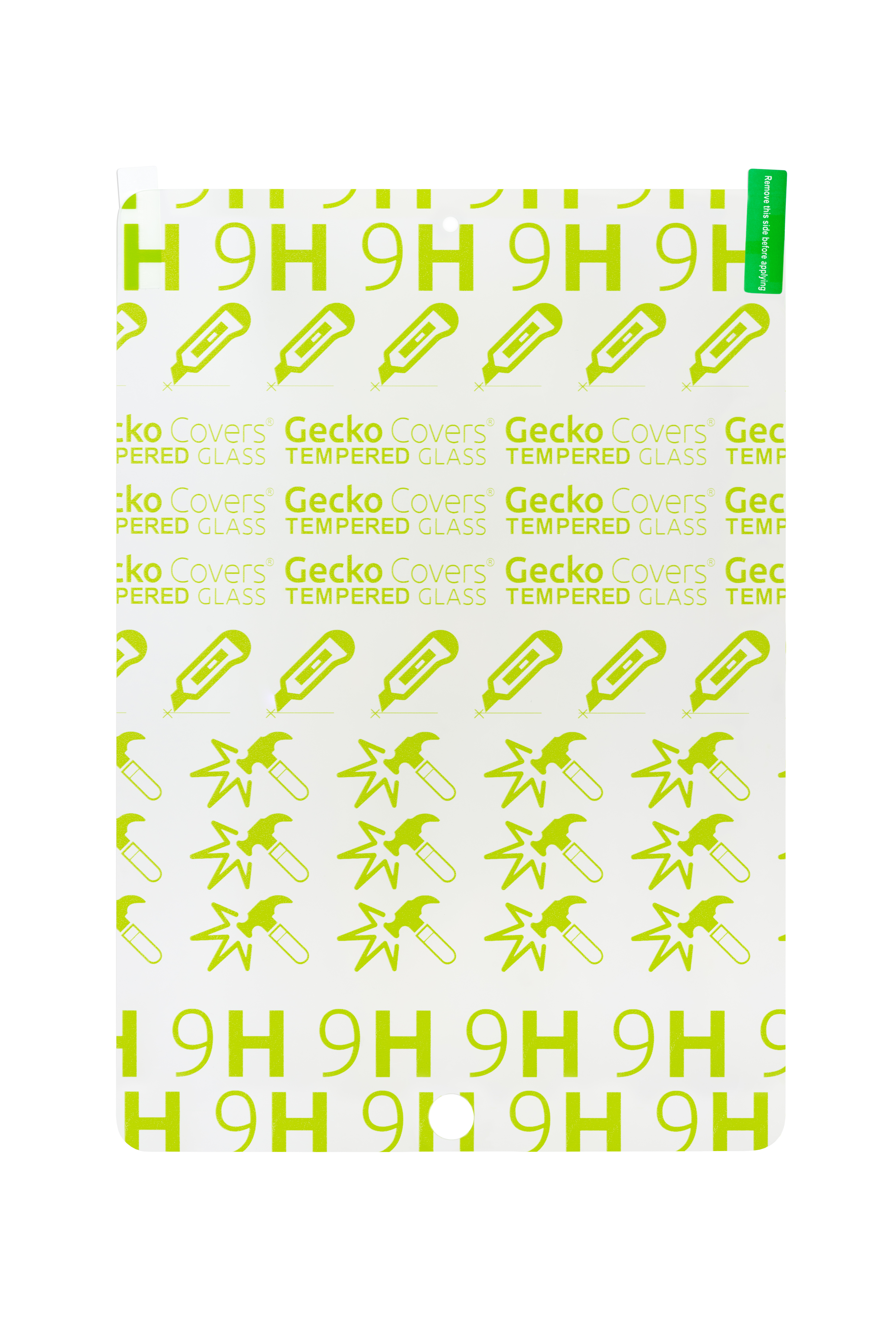 Blatt grüne, gemusterte Displayschutzfolien, zeigt Marke Gecko Covers und 9H-Bewertung.