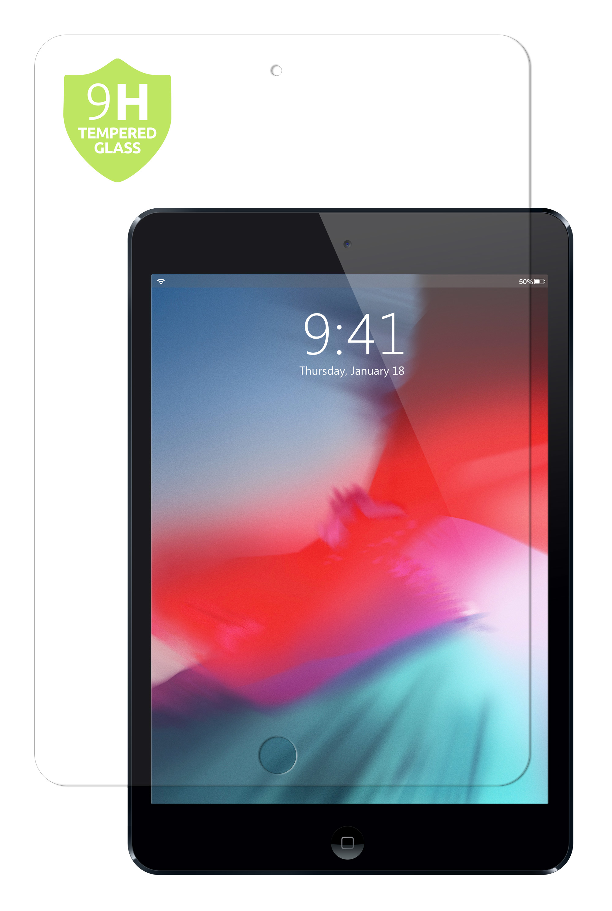 Ein Tablet mit Displayschutzfolie, die einen grünen 9H Tempered Glass Aufkleber hat.