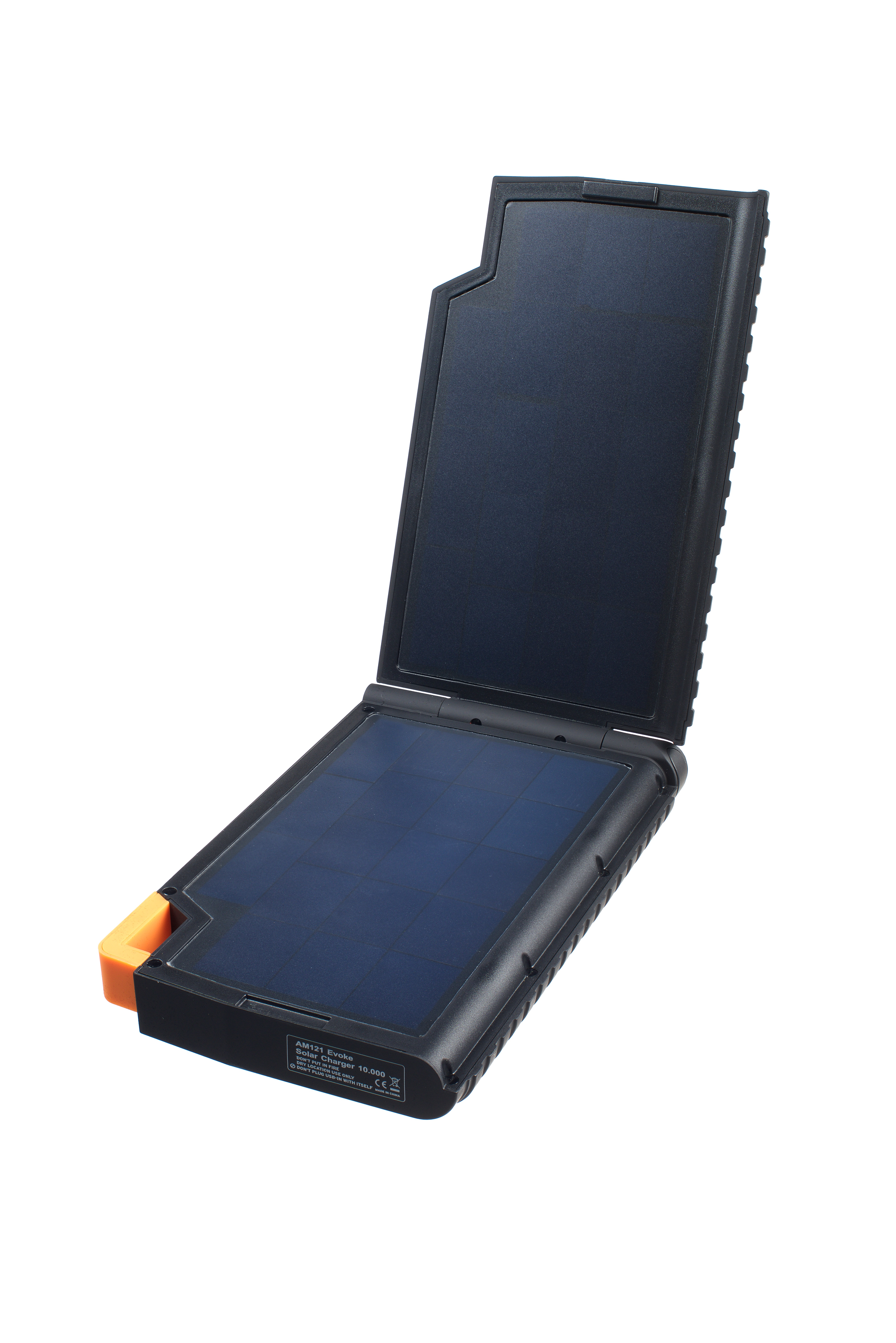 Caricatore solare nero, aperto, con pannello solare blu e accento arancione. Sfondo bianco.