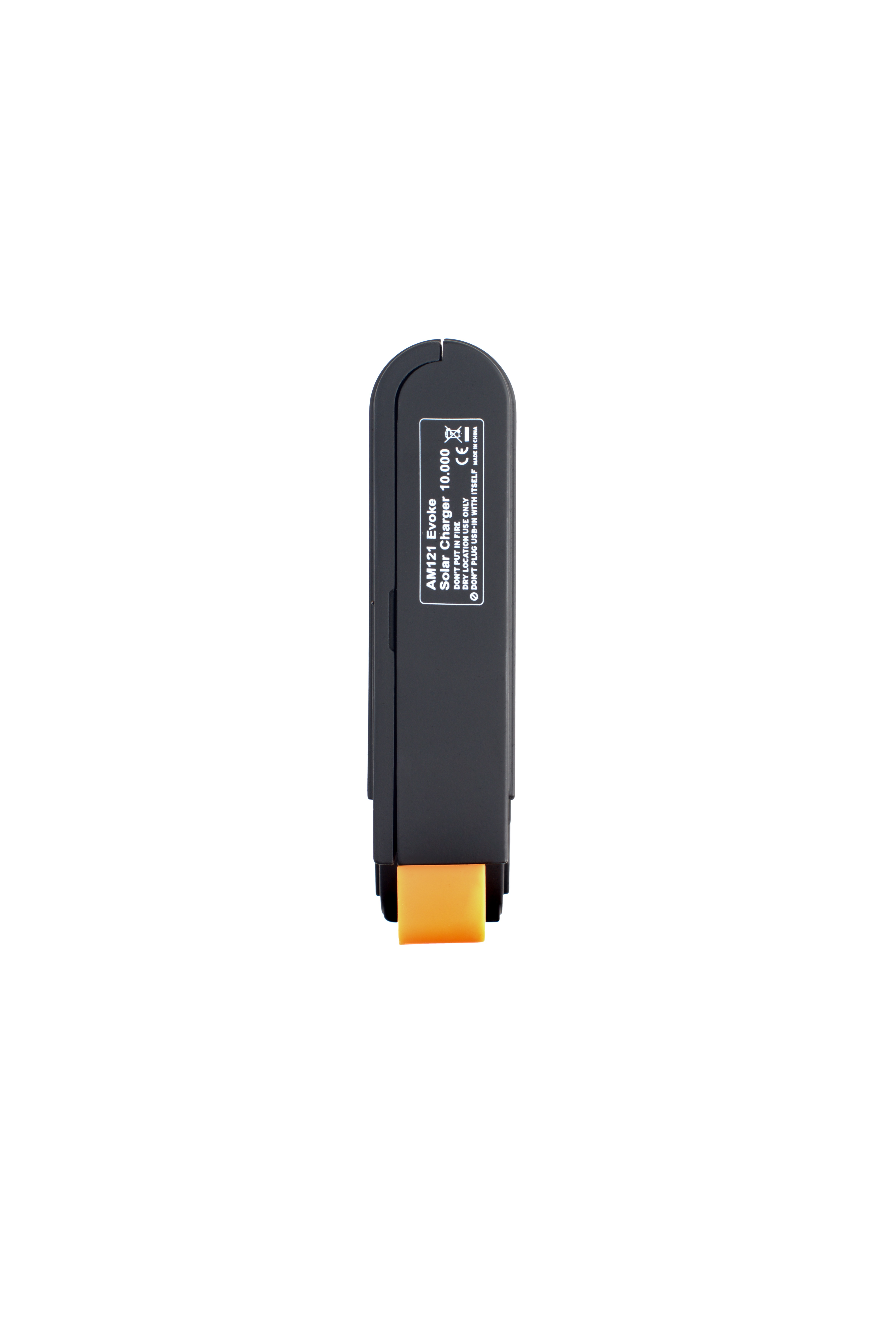Power bank rettangolare nero con punta arancione, testo sul lato.