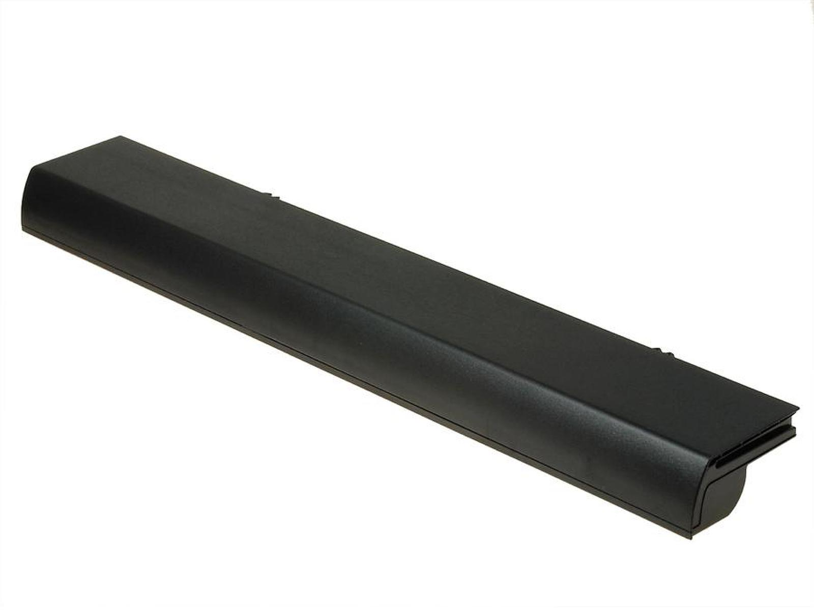 Batería de portátil negra. Forma rectangular, bordes redondeados, sobre fondo blanco.