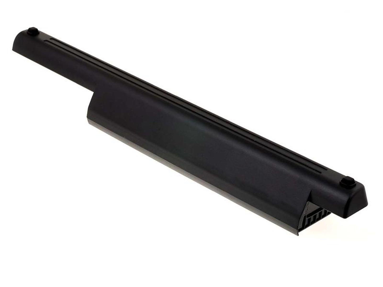 Una batería negra con forma larga y rectangular. La batería está aislada sobre un fondo blanco.