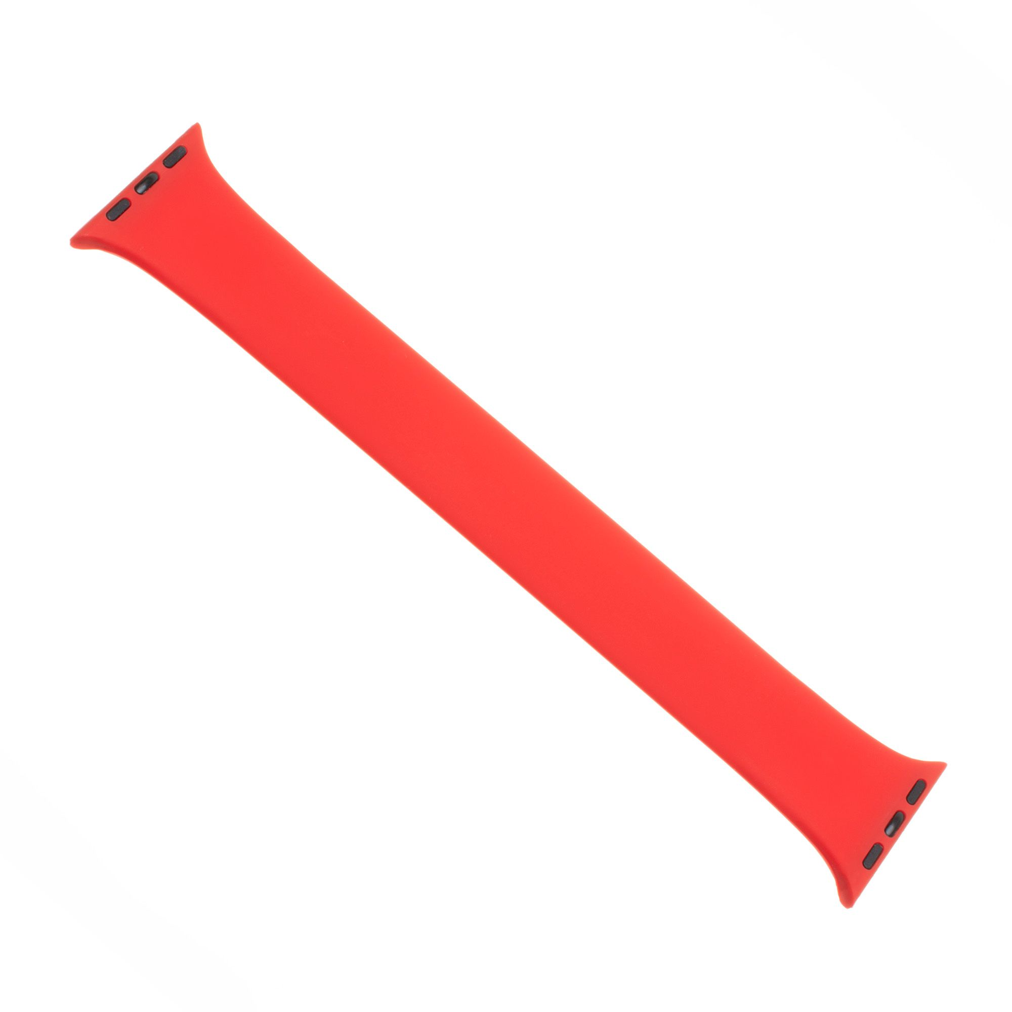Ein rotes, längliches Uhrenarmband mit schwarzen Enden.