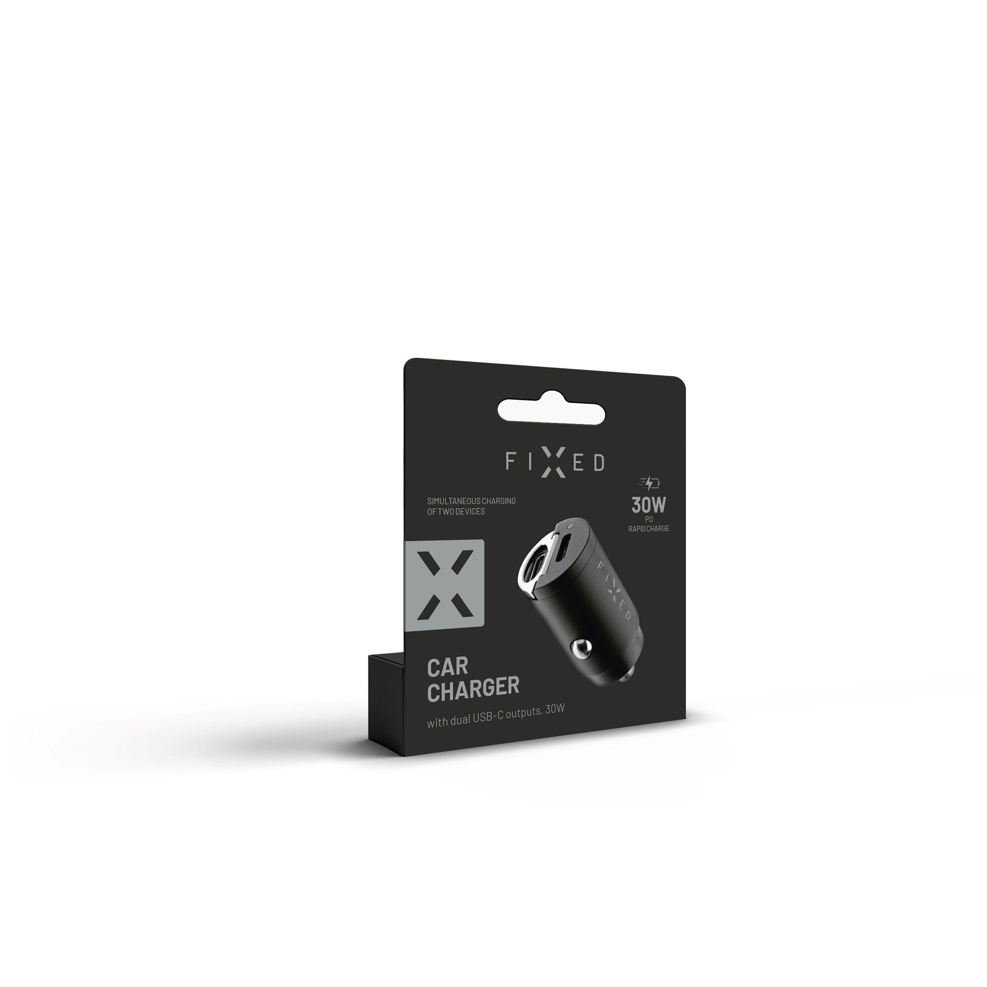 Schwarze Autoladegerätverpackung. Duale USB-Ausgänge. Das Ladegerät ist 'FIXED' mit 30W Schnellladung.
