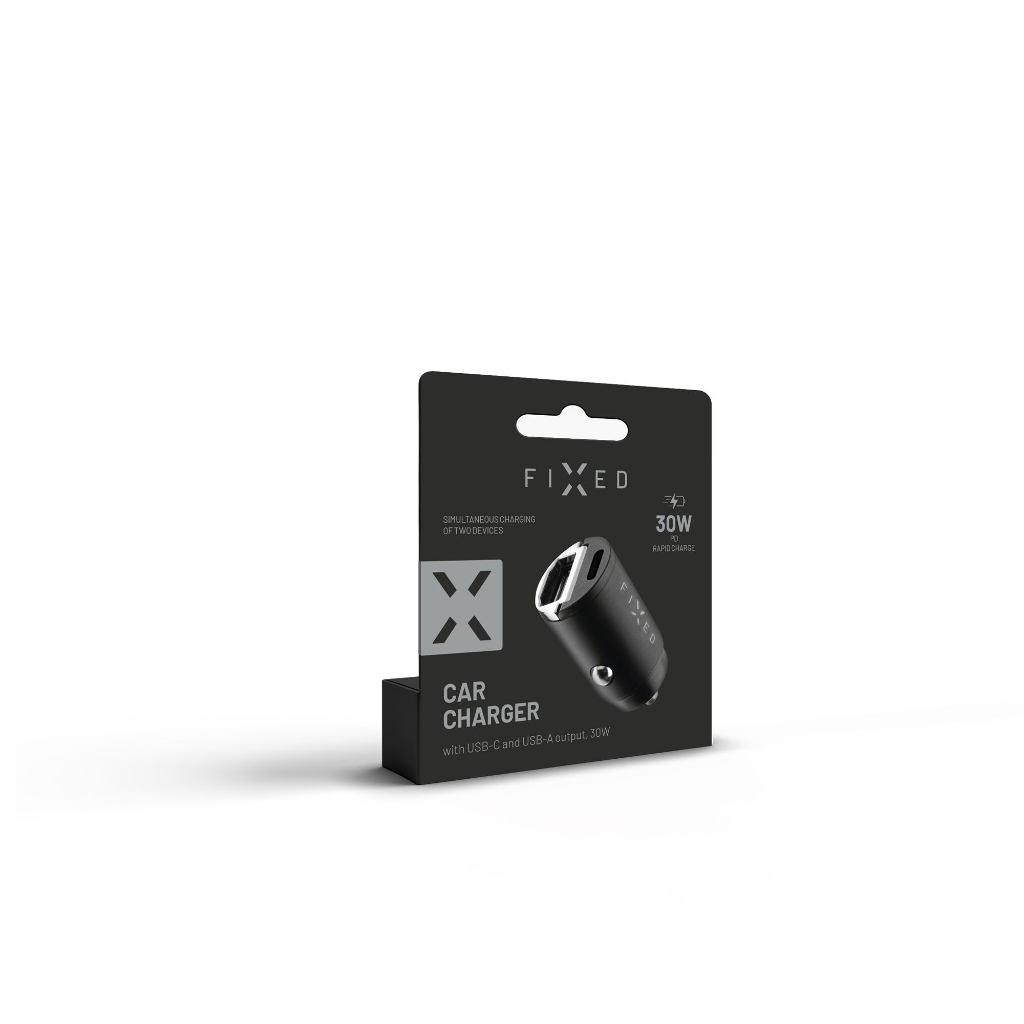 Ein schwarzes Autoladegerät mit einer schwarz-grauen Verpackung auf weißem Untergrund.