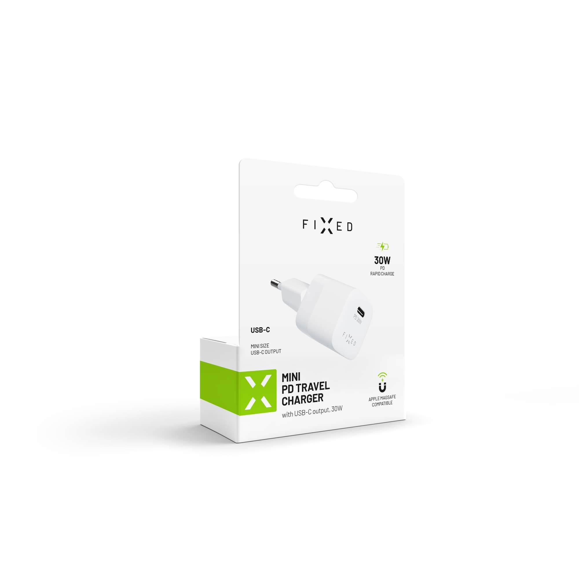 Weißes und grünes Ladegerät mit USB-C-Anschluss. Es ist als Mini PD Travel Charger, 30W gekennzeichnet.