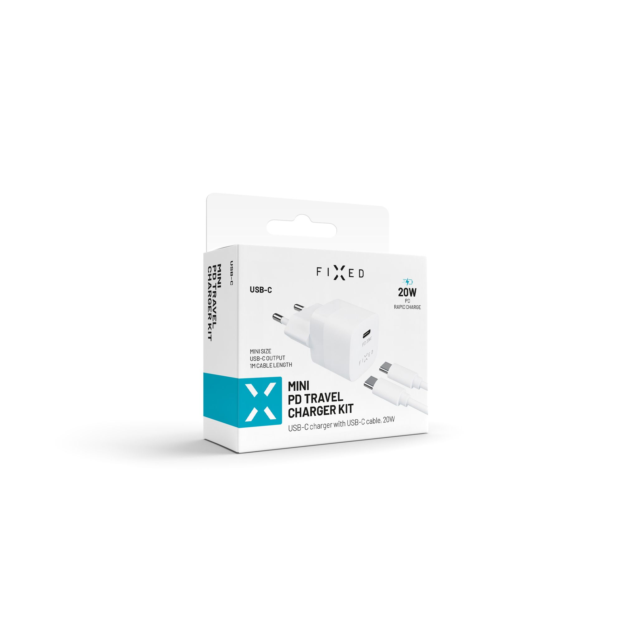 Verpacktes weißes Ladegerät mit USB-C-Anschluss, Kabel und Branding. Etikett: Mini PD Travel Charger Kit.