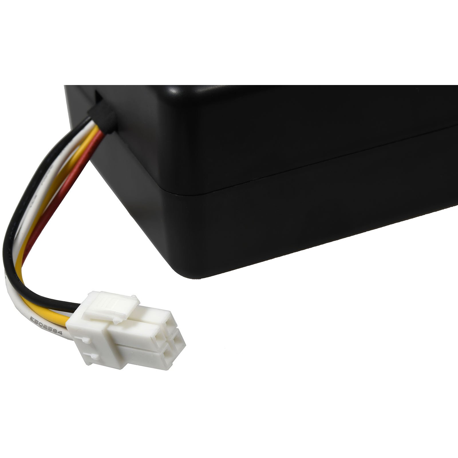 Ein schwarzer Akku mit weißem Stecker und farbigen Drähten.