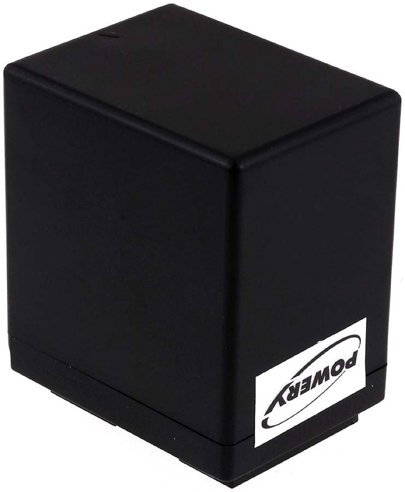 Batería rectangular negra con una etiqueta con el logotipo Power. Tiene forma sólida y cuadrada.