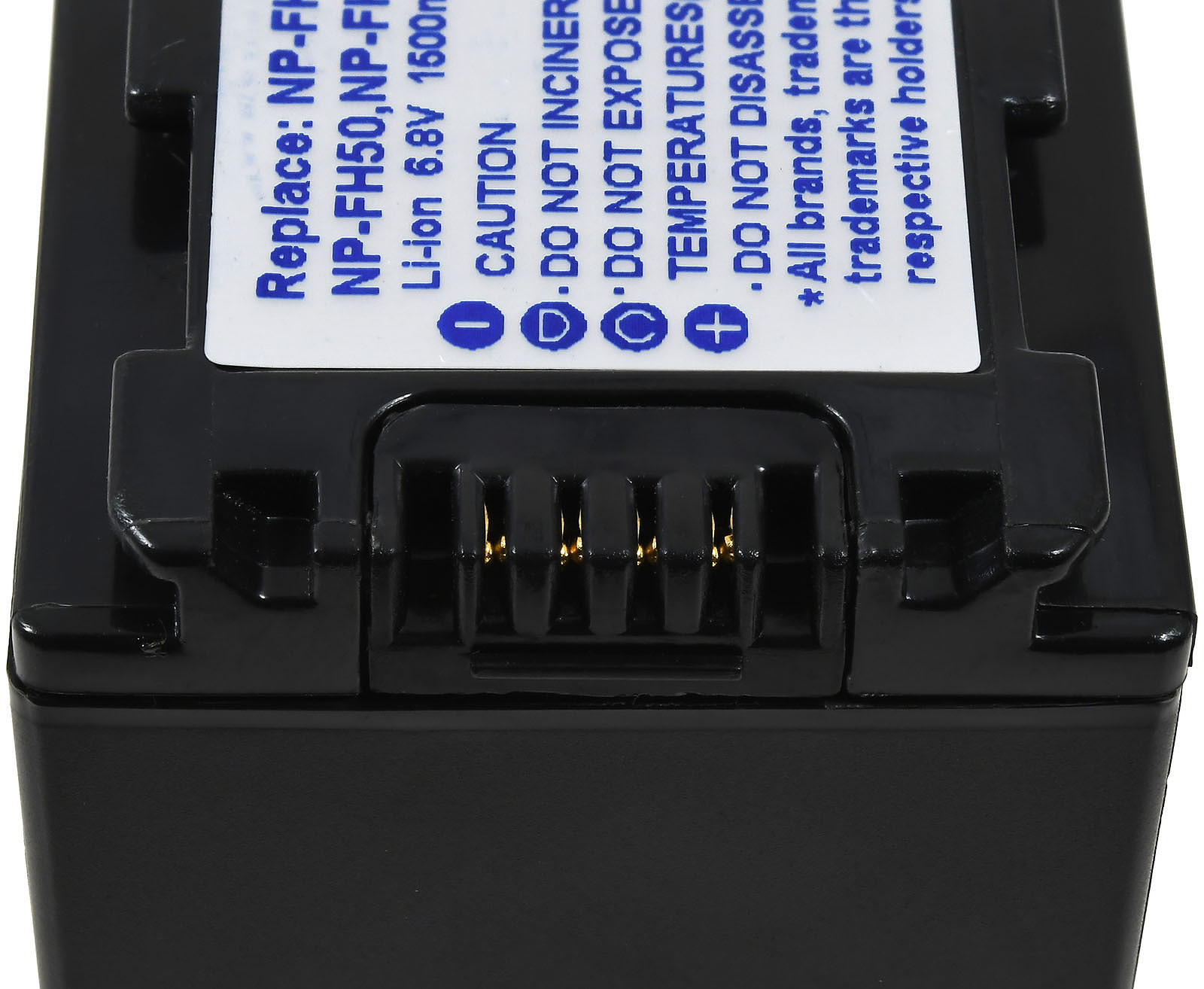 Batería negra con conector y etiquetas de texto sobre fondo blanco.