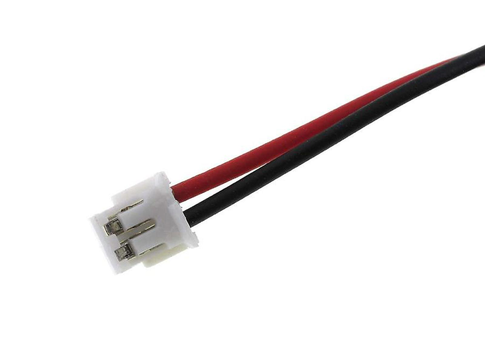 Conector blanco con dos cables, rojo y negro.
