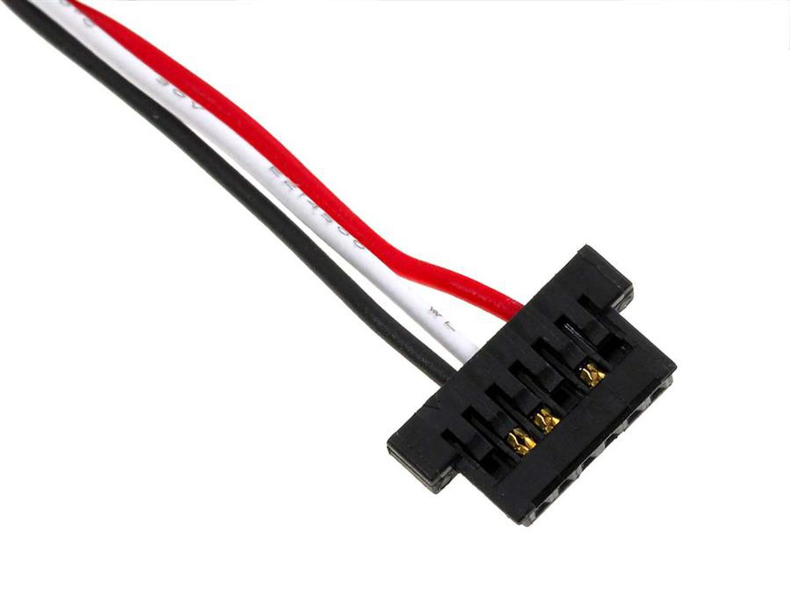 Conector negro con tres cables: negro, blanco y rojo. Fondo blanco.