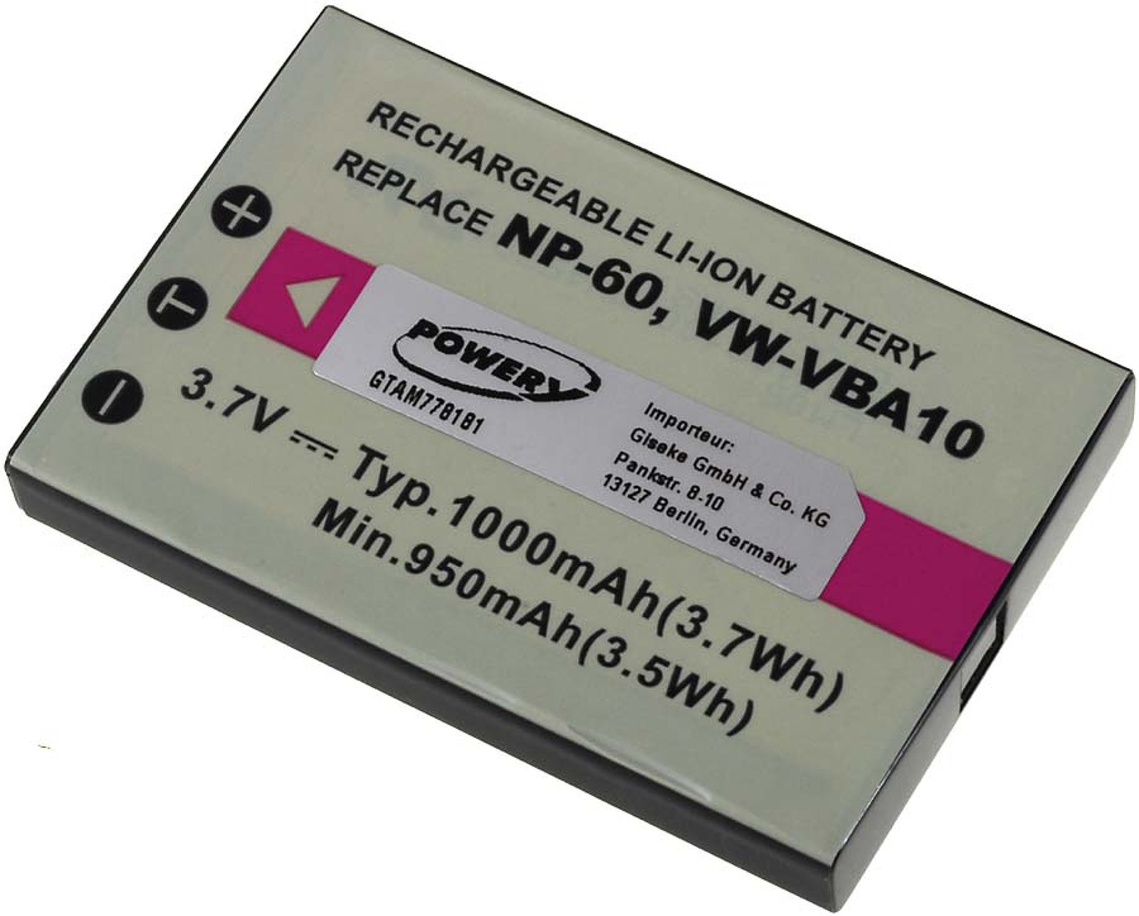 Rechteckige Batterie mit Text und Symbolen, weißer Hintergrund.