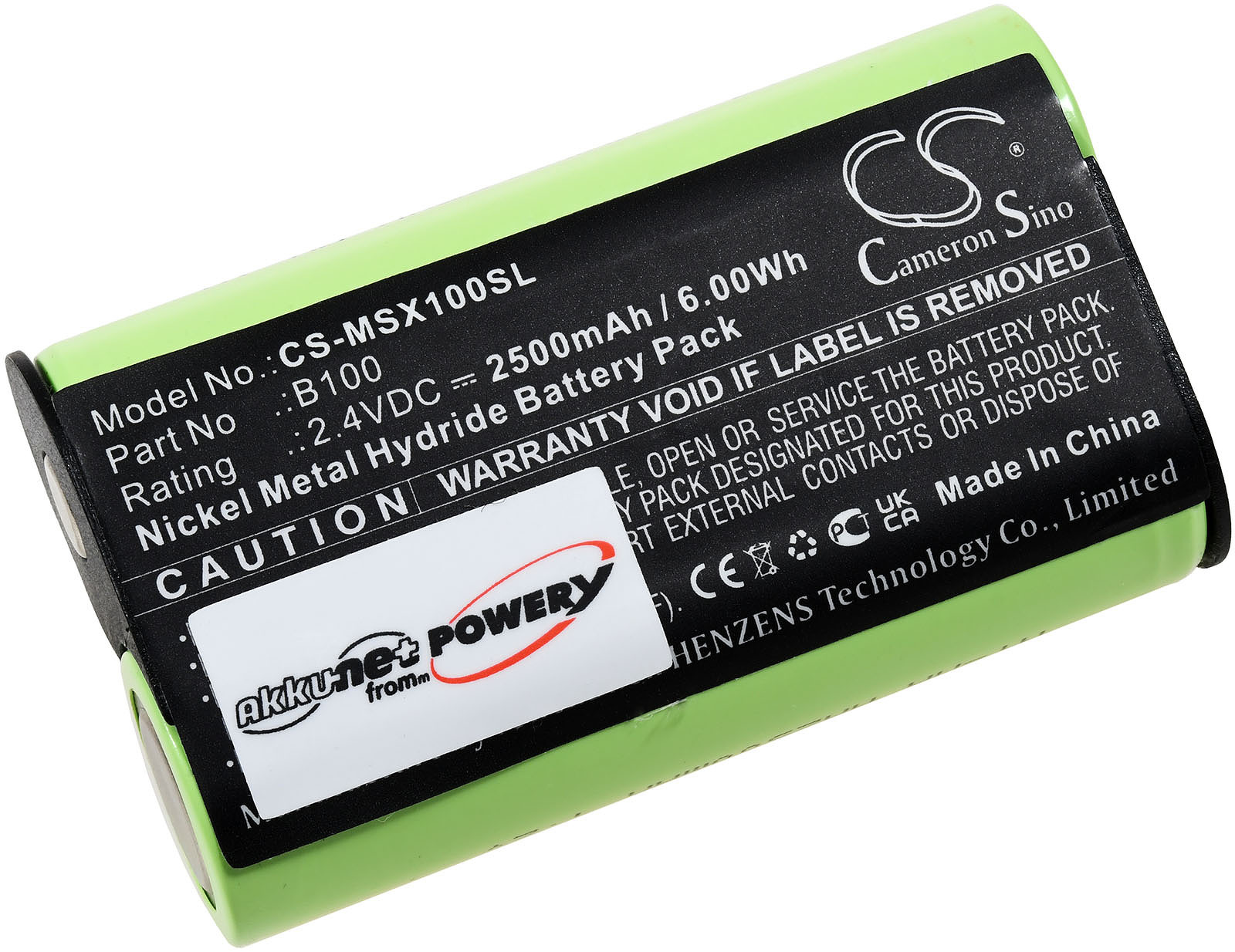 Grüner Akku mit weißem Etikett, "CS-MSX100SL", "Nickel Metal Hydride" und CE-Zeichen.