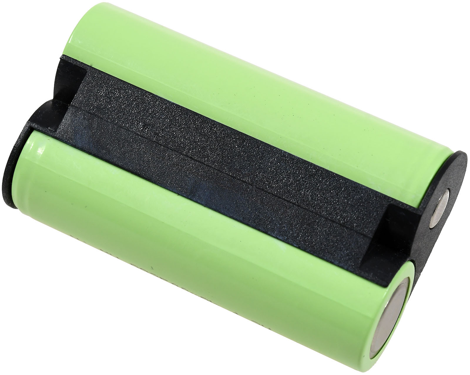 Zwei grüne zylindrische Batterien, die mit einem schwarzen Kunststoffteil verbunden sind. Weißer Hintergrund.