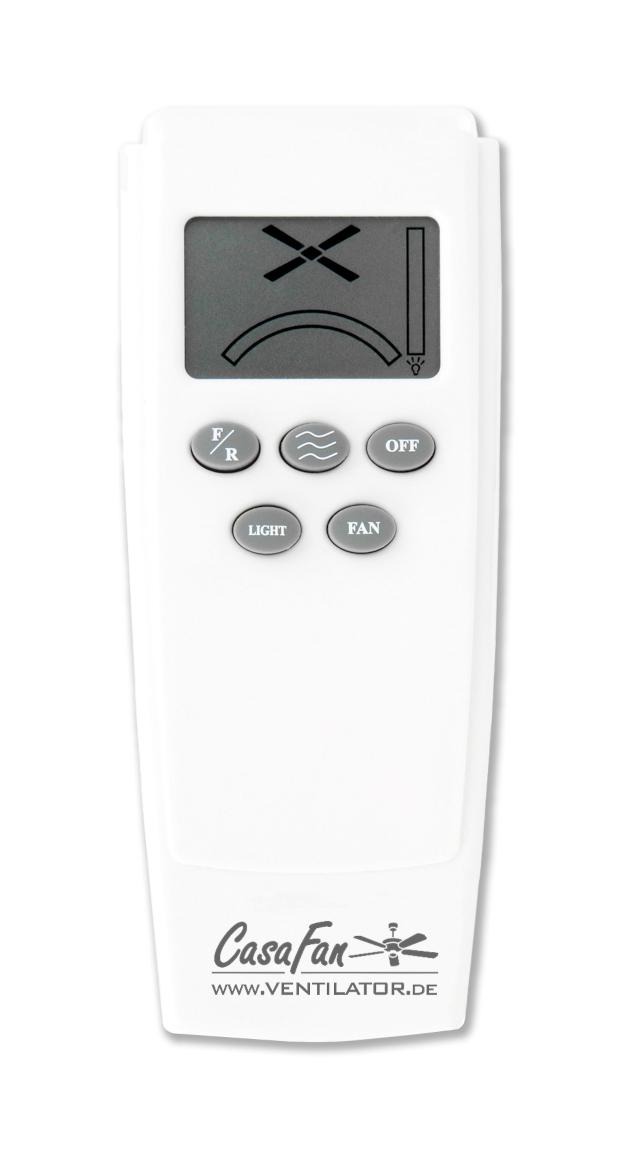 Un telecomando bianco con schermo LCD e pulsanti per velocità ventola e luce.