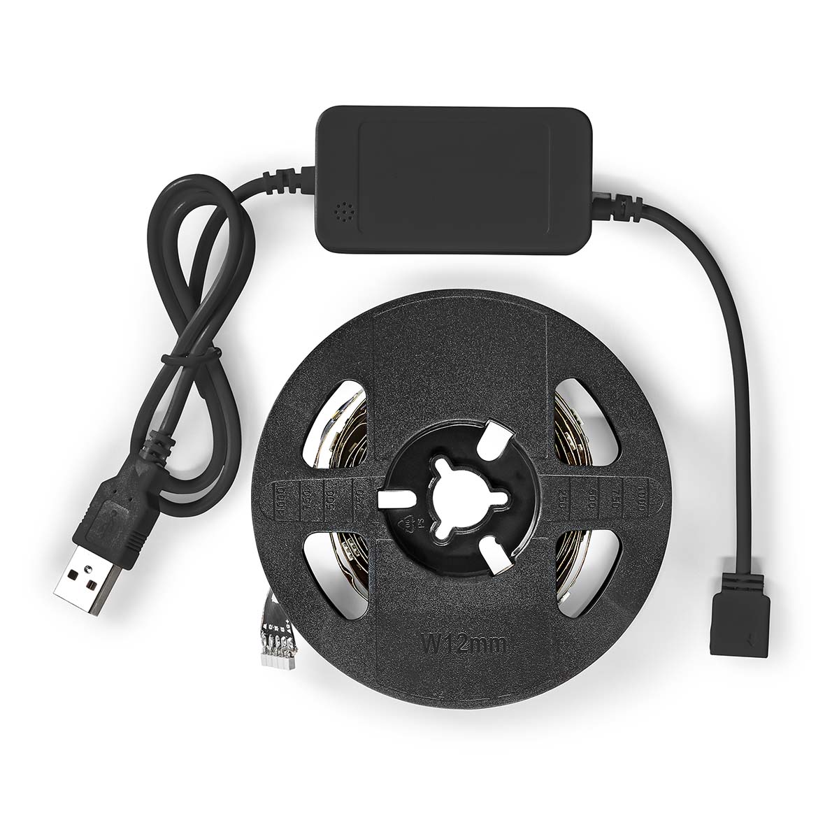 Zwarte LED-strip op een spoel met USB-connector en controller.