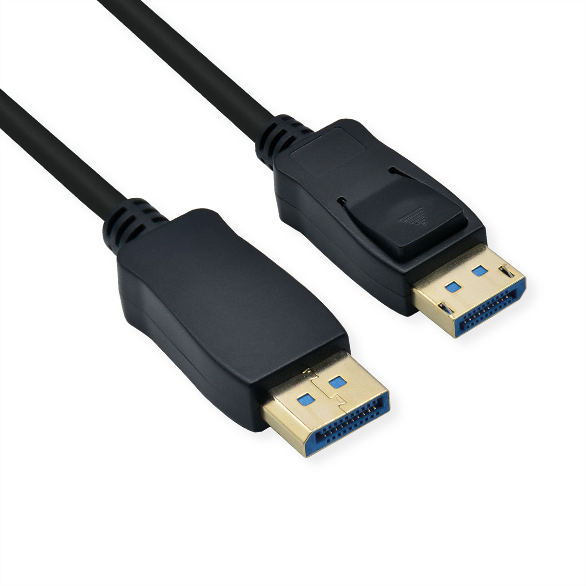 Câble DisplayPort noir avec connecteurs aux deux extrémités, sur fond blanc.