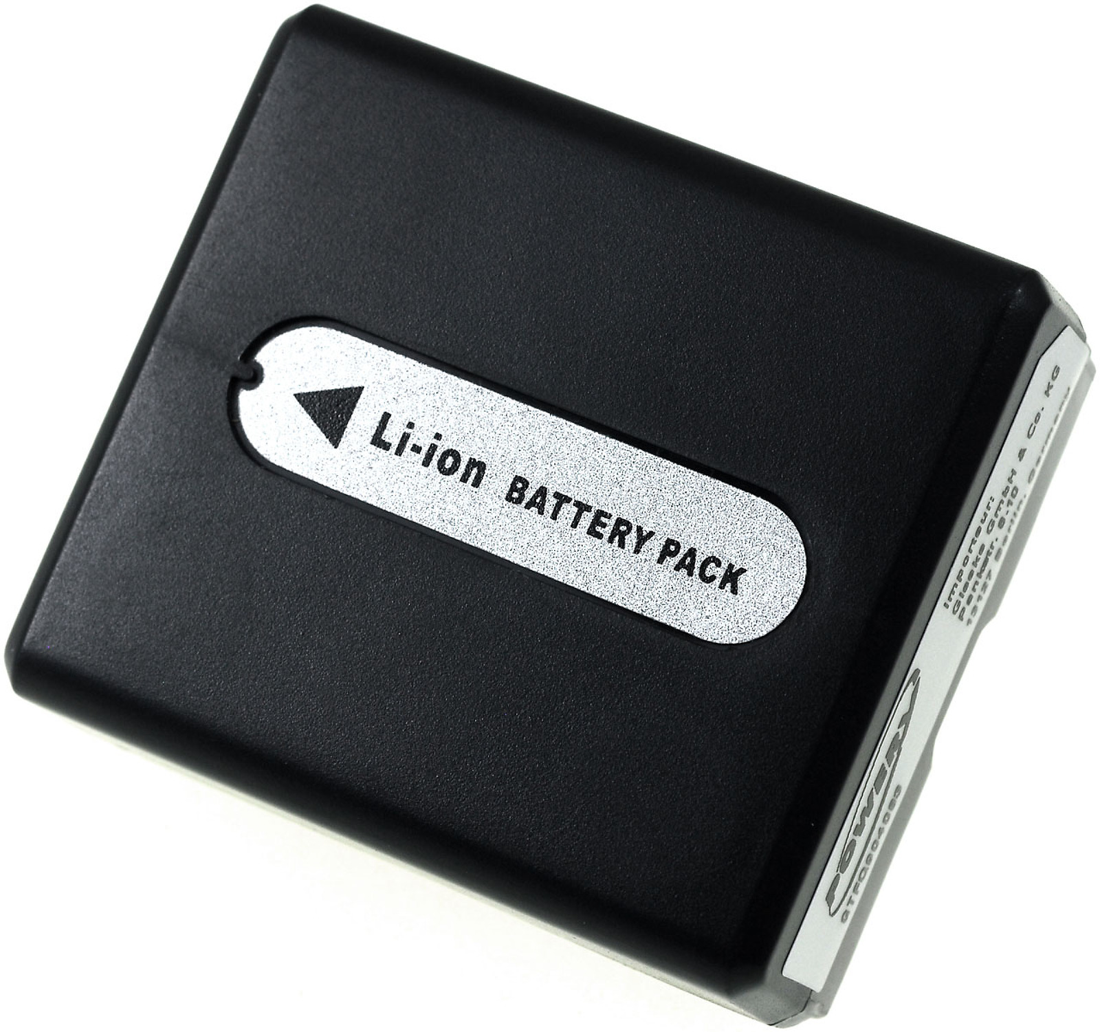 Un paquete de baterías de iones de litio negro. La etiqueta dice: Li-ion BATTERY PACK. La batería está sobre fondo blanco.