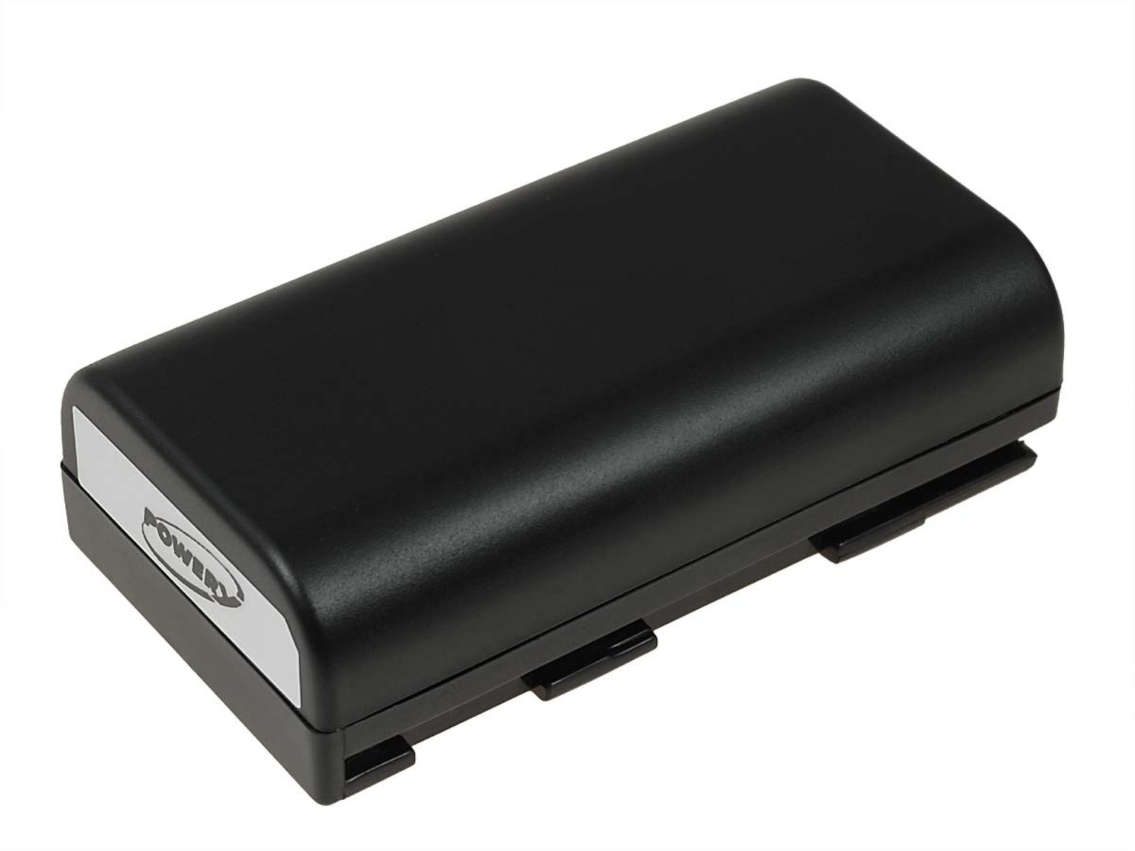 Una batería rectangular negra con una etiqueta plateada de Power. Está sobre un fondo blanco.