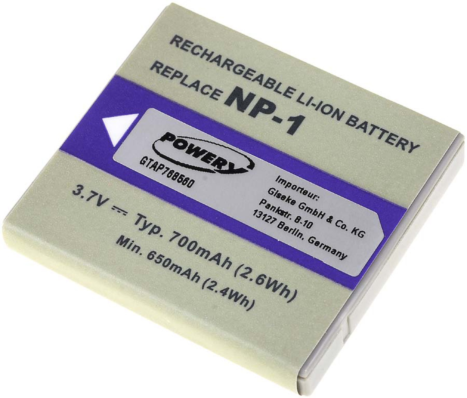 Batería rectangular con texto: Batería recargable de iones de litio, Replace NP-1 y logotipo de Power.