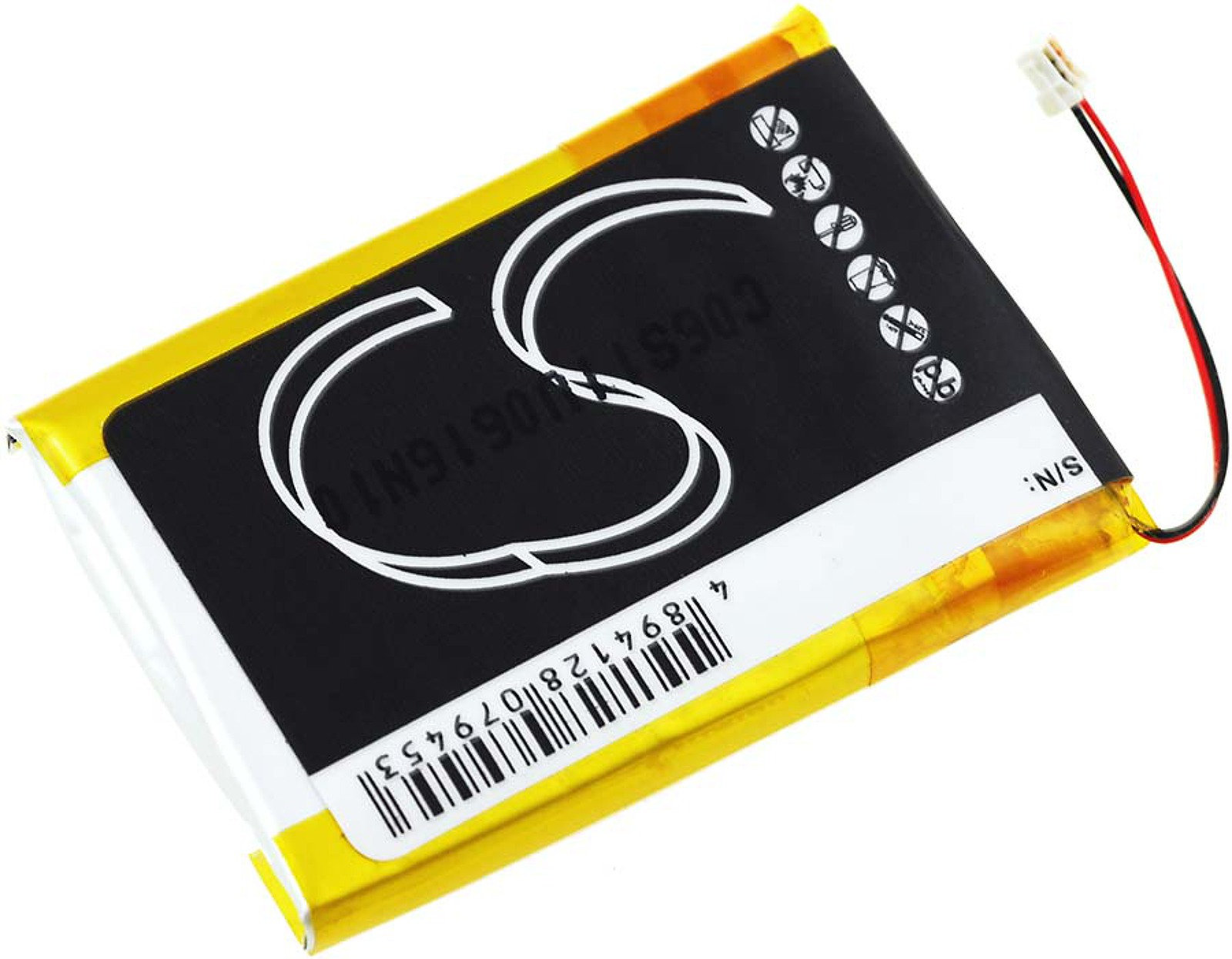Batería con etiqueta amarilla y negra, y cable negro.
