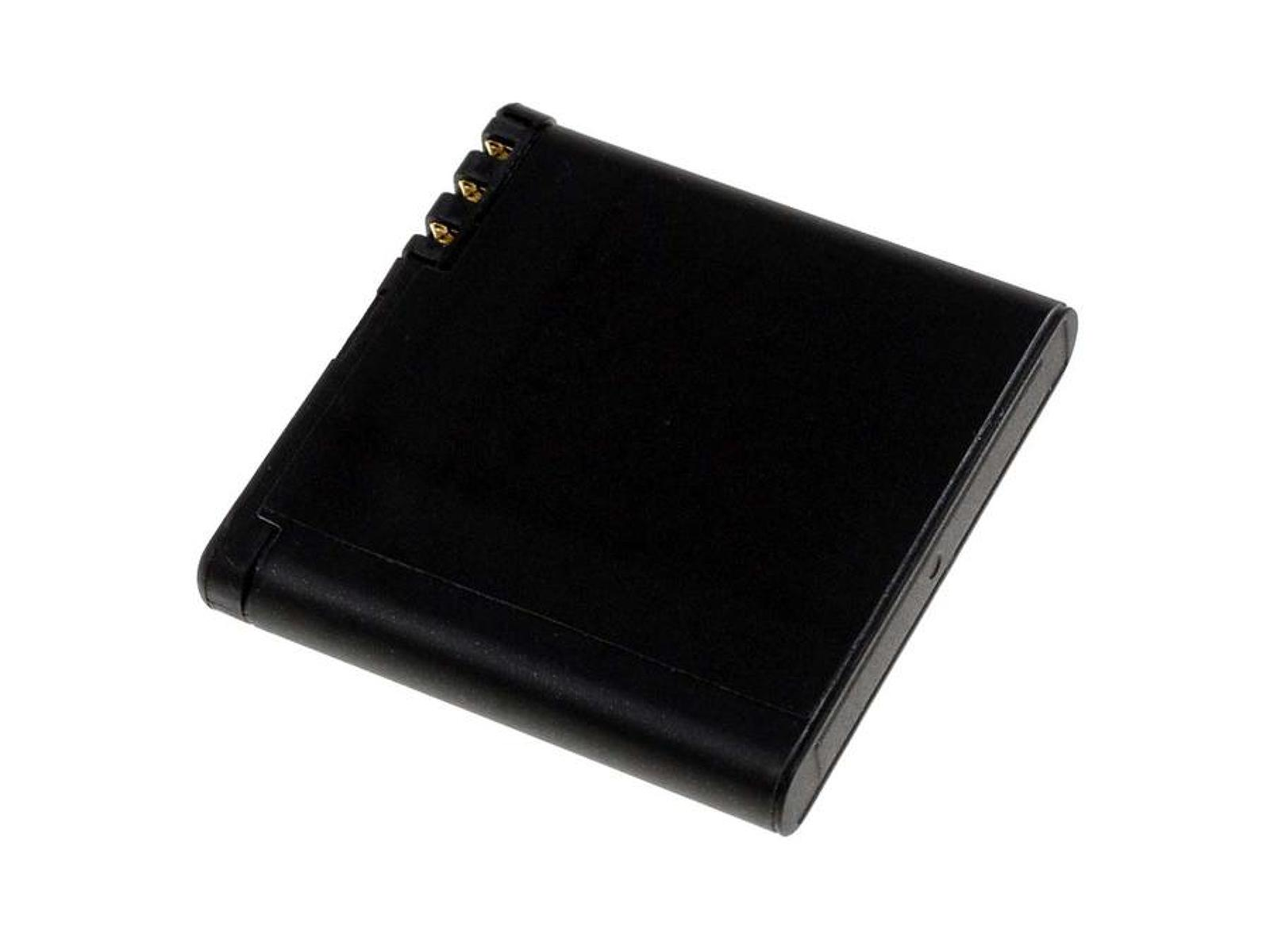 Una batería pequeña, negra y rectangular. Tiene tres contactos dorados en un lado.