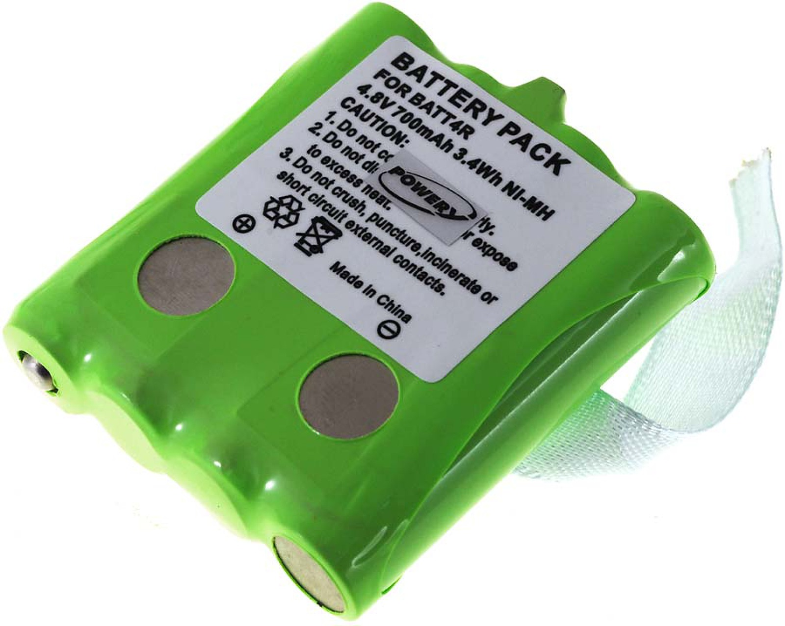 Un paquete de baterías verde con una etiqueta blanca y texto negro. Tiene una correa verde.