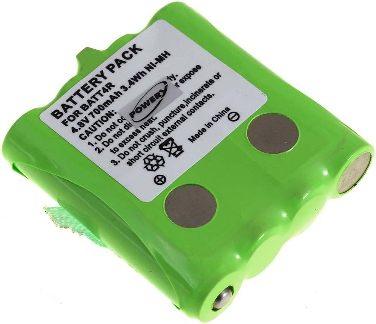 Un paquete de baterías verde etiquetado como 'Battery Pack'. Tiene texto de advertencia y un símbolo de seguridad de la batería.