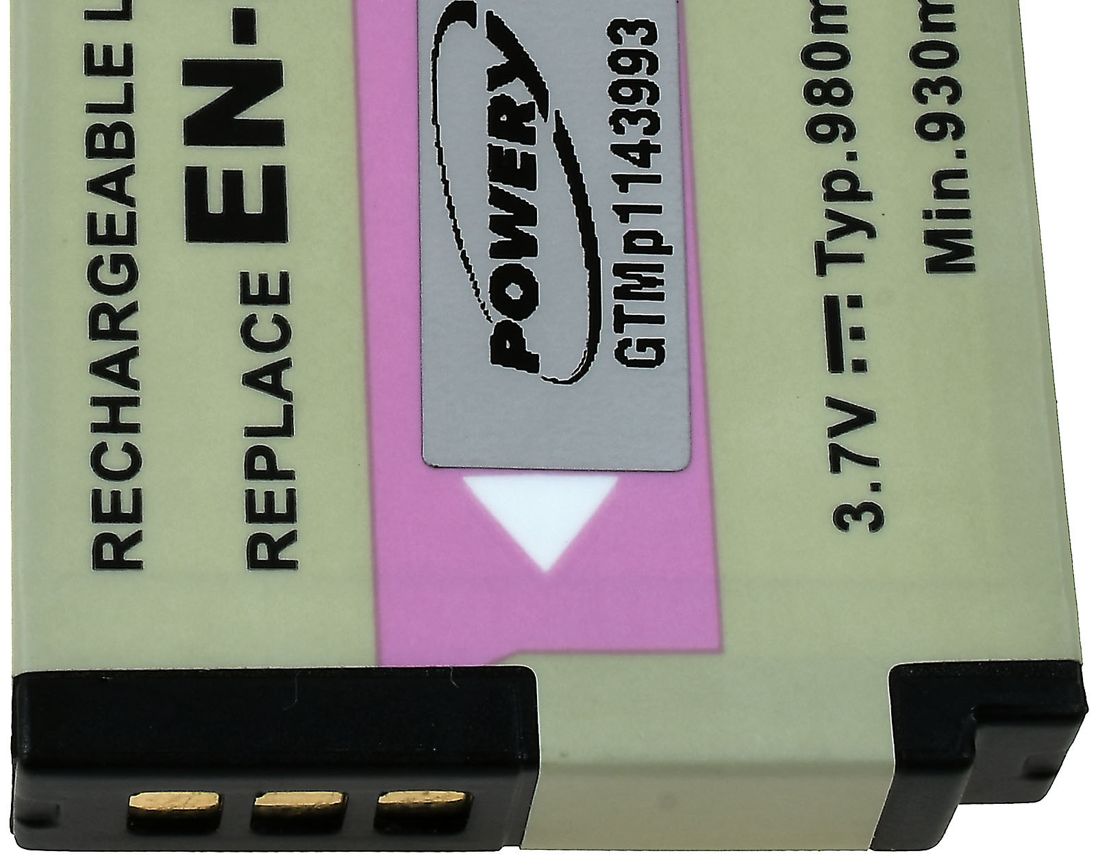 Una batería con texto y una flecha rosa. Indica "REPLACE EN-" y tiene detalles técnicos.