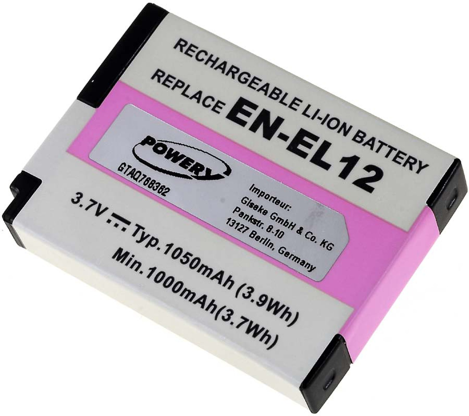 Batería rectangular blanca con texto y etiqueta rosa. Aislada sobre un fondo blanco.
